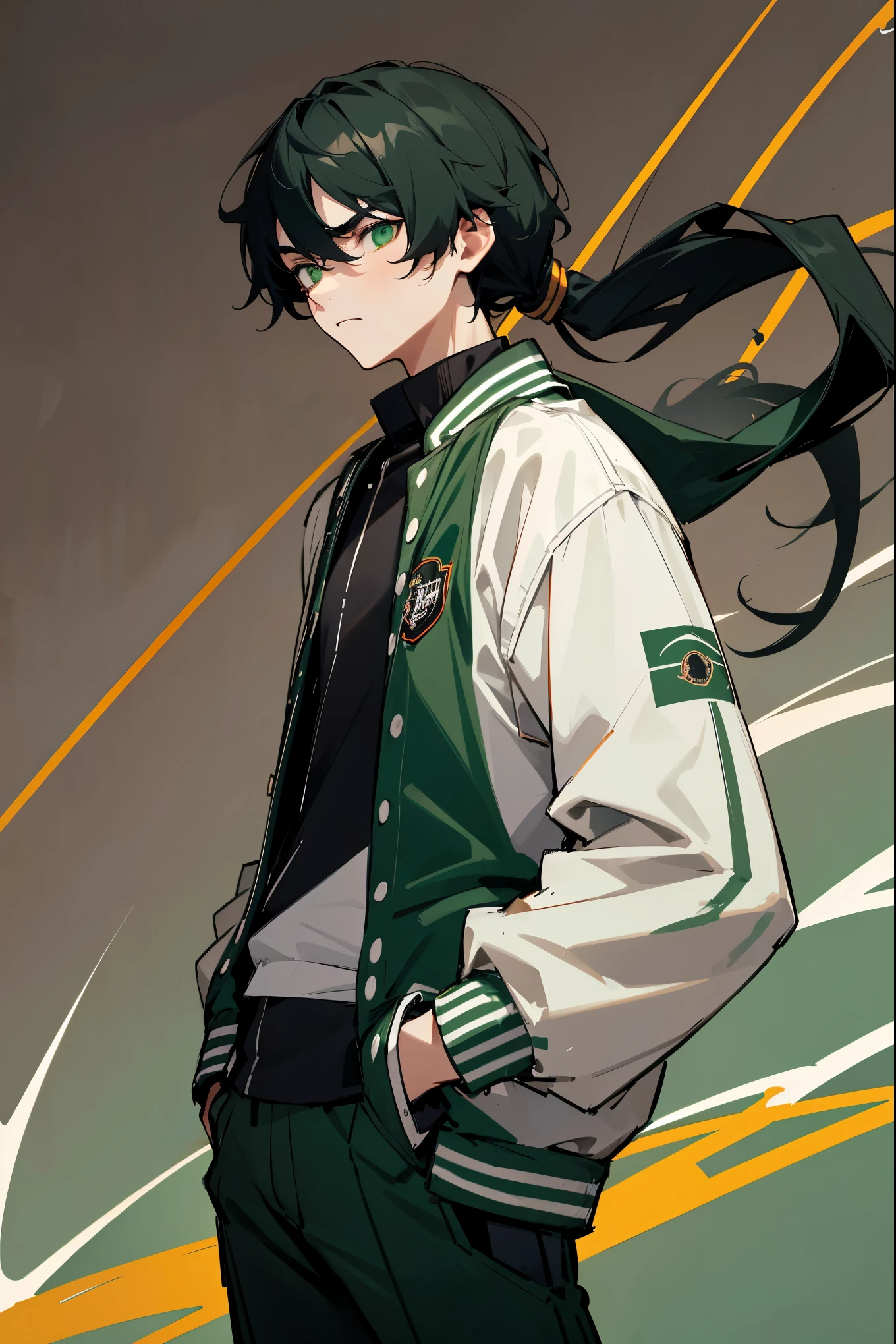 1male, ager, black hair, long tied hair, bright green eyes, black undershirt, basketball court background, detailed background, expressionless, ((dark green and white clothing)), hands in pockets, (((letterman jacket))), maniacal expression