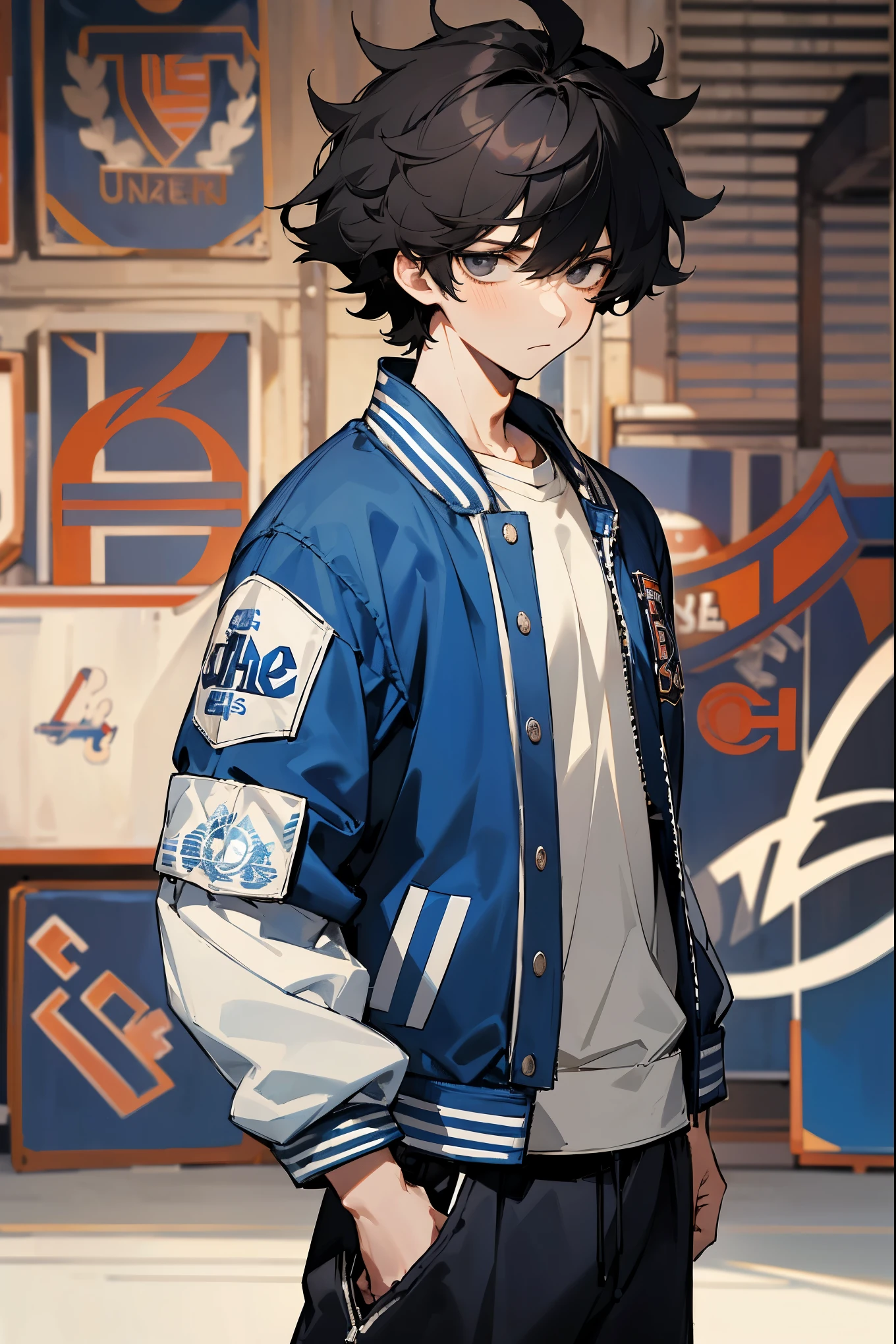 1male, black hair, messy hair, black eyes, white undershirt, basketball court background, detailed background, expressionless, ((blue and white clothing)), hands in pockets, (((letterman jacket))), expressionless