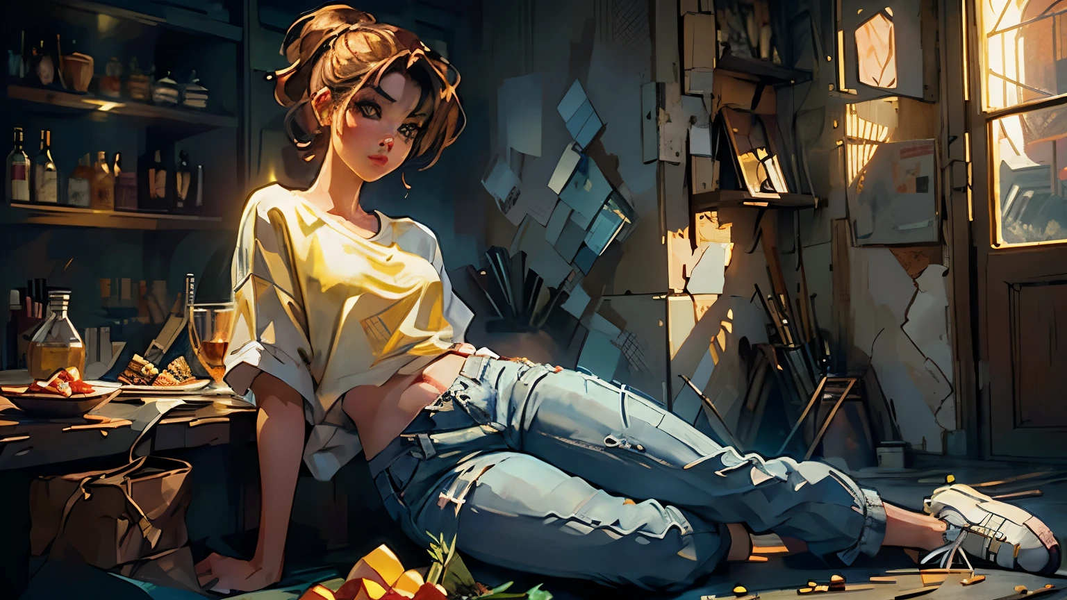 shui001,
(photorealistic:1.4), official art, unity 8k wallpaper, ultra detailed,exquisitely detailed skin,(cinematic angle)(film grain:1.2)cinematic lighting,beautiful and aesthetic, masterpiece, best quality, glowing skin, (Cool light:1.5),full body,(Moonlight)(in a suppermarket) 1girl, yellow t-shirt, Washed flared jeans, white converse sneakers, dynatic pose, a wide range of shelves, a fridge full of drinks,shopping, 1990s \(style\),