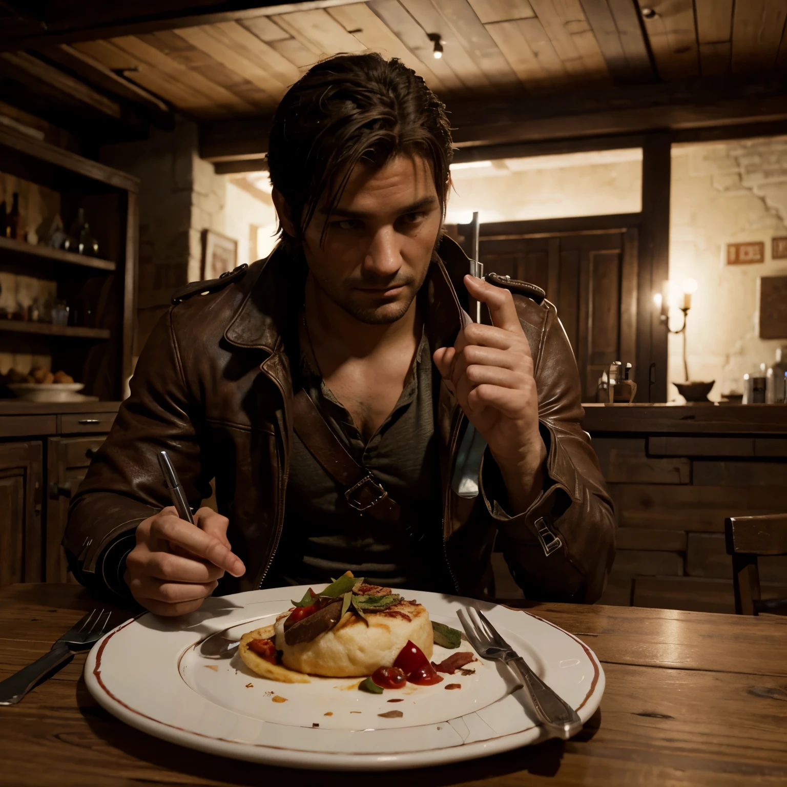 Crea a Nathan Drake de uncharted, a Dicom St John de days gone y a Ezio auditore de assassing creed en una mesa comiendo amigablemente