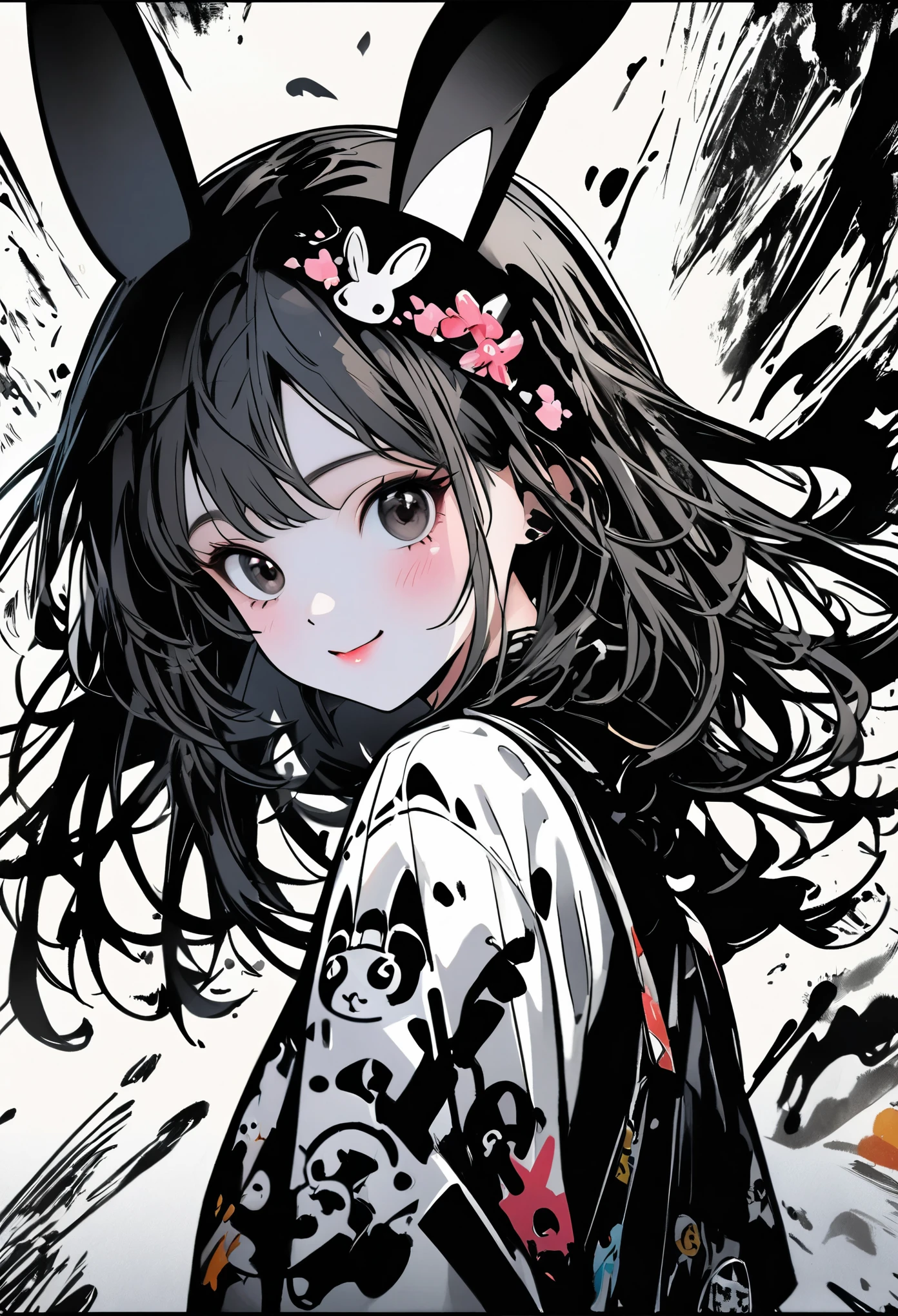Create digital artwork in pop art style、インク風drawing、draw with black ink on white paper、We paid attention to every detail of the smiling bunny girl.。、Street fashion、Surrounded by vintage rabbit motifs、black and white brush strokes、Emotions must be dynamic、Upper body、~ ~ side、drawing、shape、white and black ink、thin ink line、Pen strokes are very detailed and dynamic、Expressing shadows with precise lines、delicate and accurate expression、modern art、Stroke style eany Rabbit with clear advantages and disadvantages、