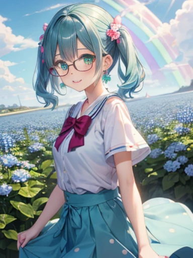 Take a photo from the front、The arrival of spring、big 、 (alone:1.5,)Super detailed,bright colors, very beautiful detailed anime face and eyes, look straight, ;d, shiny_skin,girl, (((rainbow colored hair, colorful hair, Half blue、半分はpinkの髪: 1.2))) 、forehead is exposed.、green eyes、、shiny hair, delicate beautiful face, blush、(turquoise eyes), White skin, Valletta, mature earrings,、blue flower field、（tight、blue blouse）、（pink、polka dot skirt）、long twin tails、rimless glasses、