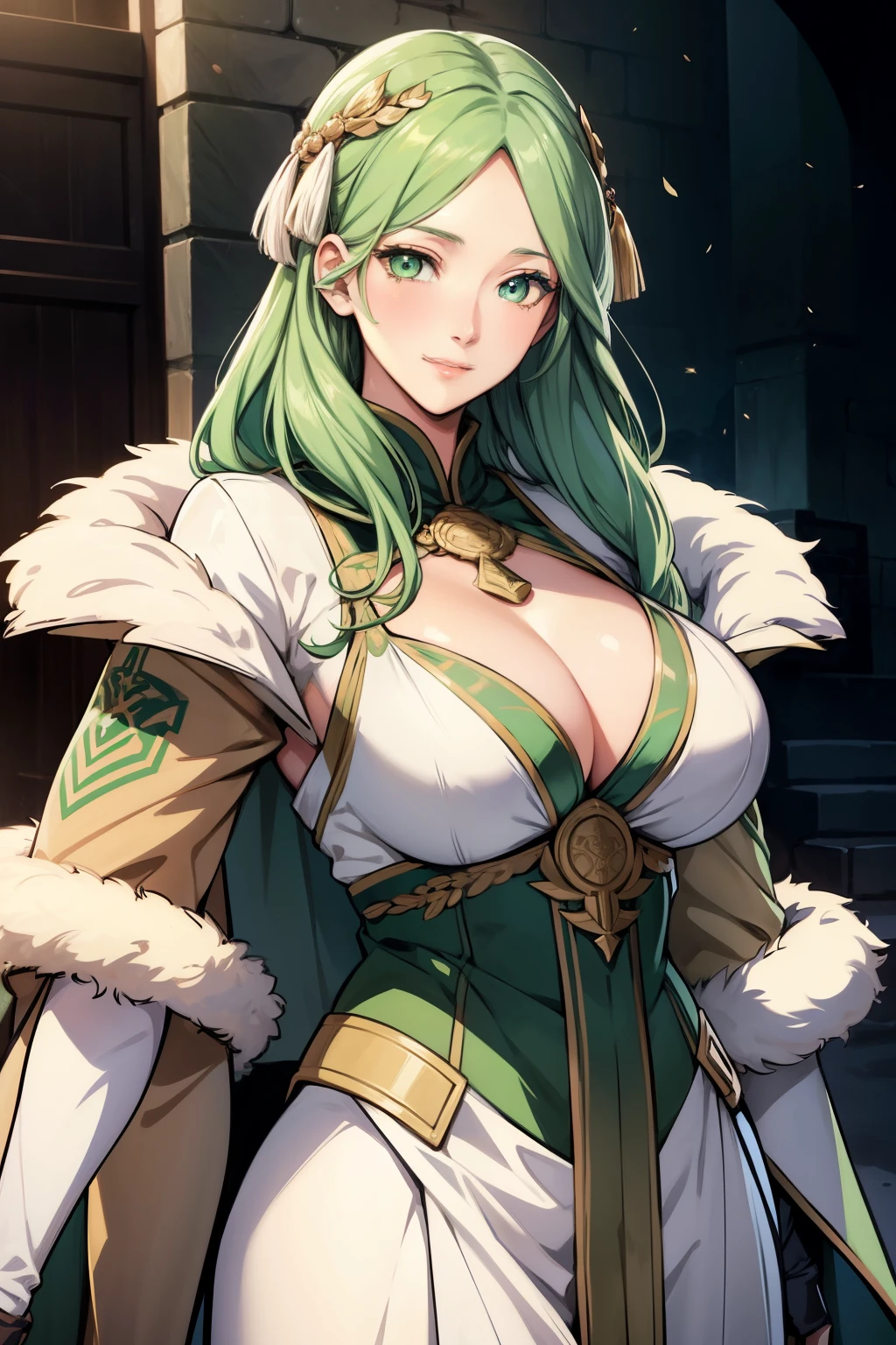 An anime-style artwork depicting rhea from the game Fire Emblem: Three Houses.

Tags: rhea, anime, detailed eyes, detailed lips, green hair, white dress, smiling expression, intense gaze, glowing emblem on hand, dynamic pose, mystical background, vibrant colors, digital art, high-resolution, professional quality, massive breasts, cleavage, fur coat, gloves