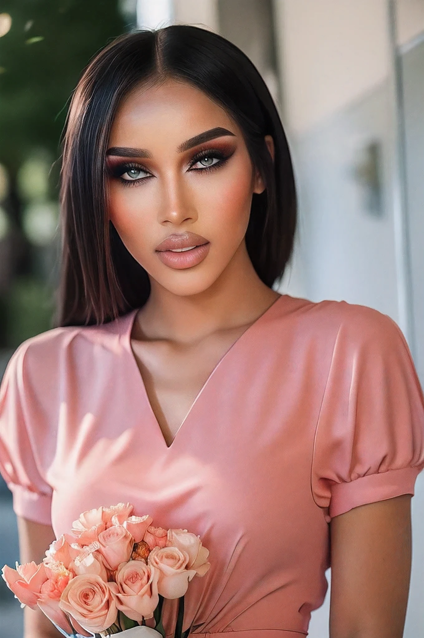 Masterpiece:1.2, best quality), realistic, (Real picture, complicated details, depth of field), (1 girl, alone), lip makeup, Chapped lips, มีรายละเอียดhigh, perfect face, (skin rejuvenation), thick thighs, wide hips, small waist, high, glossy coral lips,, (Young woman in a wedding dress with flowers in her hand )), sexy, blushing, Mikasa from AOT