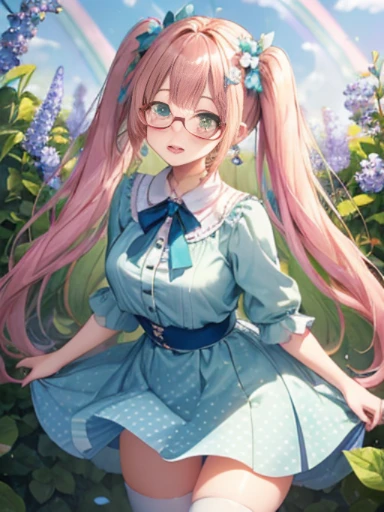 Take a photo from the front、The arrival of spring、big 、 (alone:1.5,)Super detailed,bright colors, very beautiful detailed anime face and eyes, look straight, ;d, shiny_skin,girl, (((rainbow colored hair, colorful hair, Half blue、半分はpinkの髪: 1.2))) 、forehead is exposed.、green eyes、、shiny hair, delicate beautiful face, blush、(turquoise eyes), White skin, Valletta, mature earrings,、blue flower field、（tight、blue blouse）、（pink、polka dot skirt）、long twin tails、rimless glasses、
