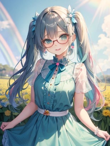 Take a photo from the front、The arrival of spring、big 、 (alone:1.5,)Super detailed,bright colors, very beautiful detailed anime face and eyes, look straight, ;d, shiny_skin,girl, (((rainbow colored hair, colorful hair, Half blue、半分はpinkの髪: 1.2))) 、forehead is exposed.、green eyes、、shiny hair, delicate beautiful face, blush、(turquoise eyes), White skin, Valletta, mature earrings,、blue flower field、（tight、blue blouse）、（pink、polka dot skirt）、long twin tails、rimless glasses、