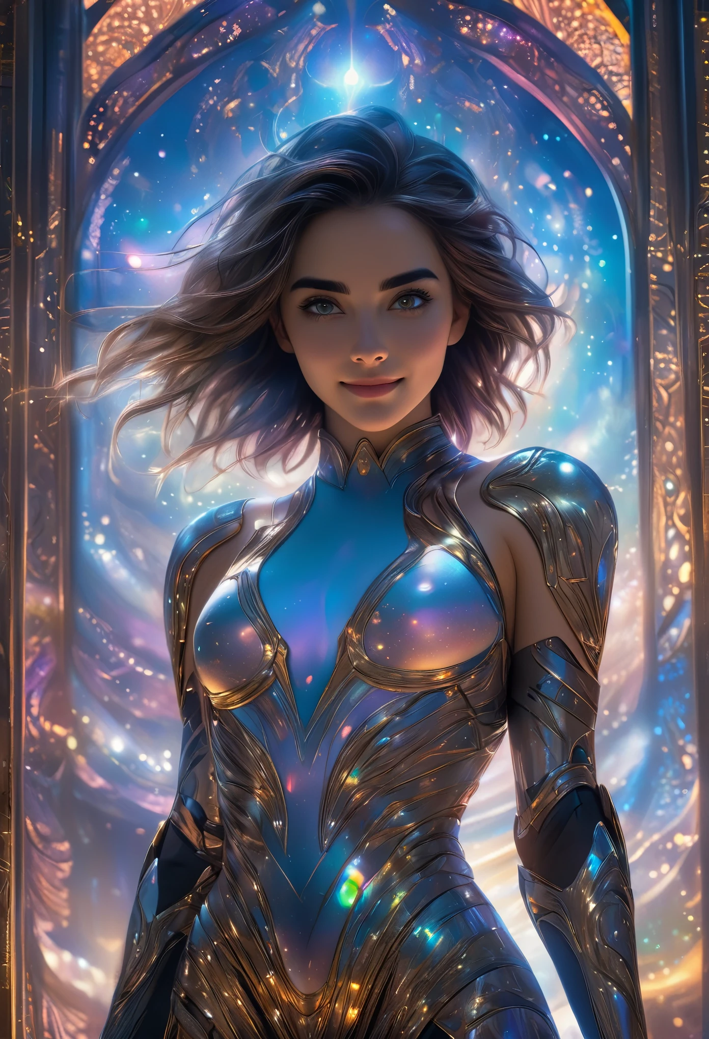 (Best Quality, High Resolution, Masterpiece:1.2), Super Detailed, (Realistic, Photorealistic, Photorealistic: 1.37), (1 beautiful Italian girl with round and large buttocks photographed from behind:1.6), (in the space) (the incredibly beautiful natural scenery:1.3), She is wearing an intricate and beautiful armor with jewelry. She has the most beautiful face in the universe, smiling invitingly at the viewer. (NSFW:1.2), flat chest, beautiful nipples, toned body, (expression of ecstasy: 1.2), from the side,  years ol (Sexy and glamorous:1.1), (Coquettish expression: 1.6), (Small breasts with raised areolas:1.6), (Sexy smile: 1.2), (Erotic pose: 1.5), Beautiful and seductive Face, (Ultra detailed skin texture: 1.4), Perfect anatomy, (Beautiful and toned body and abs:1.1), (moist skin: 1.21), (silver Chignon hairstyle:1.36), no makeup, dark circles,  (Thick eyebrows:1.2), (detailed opal eyes:1.4), Beautiful eyes with fine symmetry, (Ultra detailed eyes:1.4), (High resolution eyes:1.1), (Emilia Clarke:0.3) (Emma Watson: 0.3), (Jennifer Connelly: 0.3), (sensual face :1.5), Cyberpunk SF, (Intricate and beautifully designed gauntlet:1.2), Background blur, Foreground blur, Depth of field, (Motion blur:1.1), Complex and colorful biomechanical body suit, (Small breasts: 1.2), transparent breasts, big hips, grasping the breasts, (smiling seductively:1.6), red eyes, natural makeup