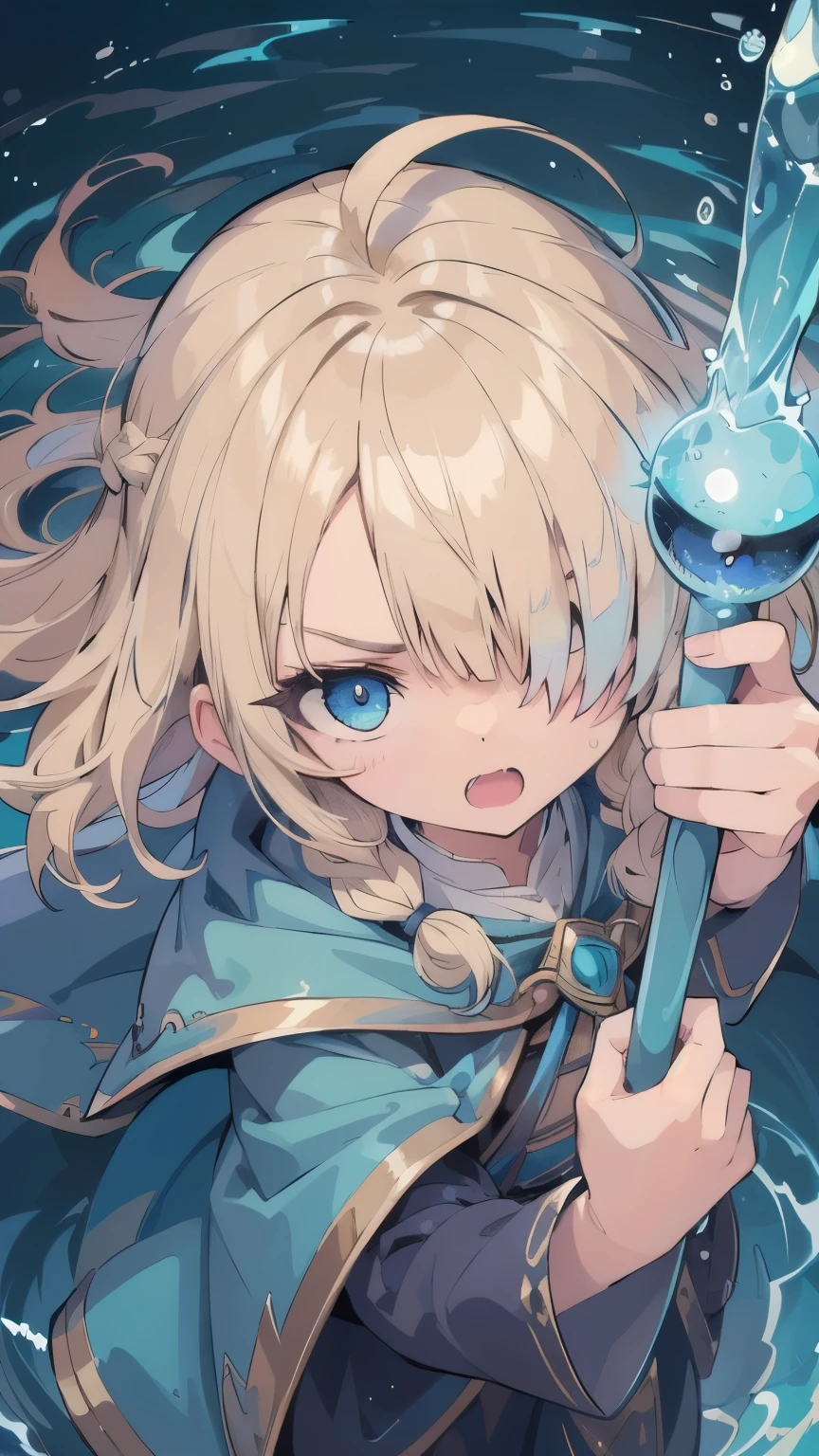 (masterpiece:1.2), (highest quality:1.2), perfect eyes, perfect face, perfect lighting, desert ((((wizard of water)))), nsfw, 1 girl, blonde, aqua eye, ((((((hair over one eye,)))))), single braid, side braid, spike hair, blunt bangs, bob hair, Ahoge, cute eyes looking at the viewer ((From above)), (fang), sweat, open mouth, (((glaring))), smile, dynamic pose,