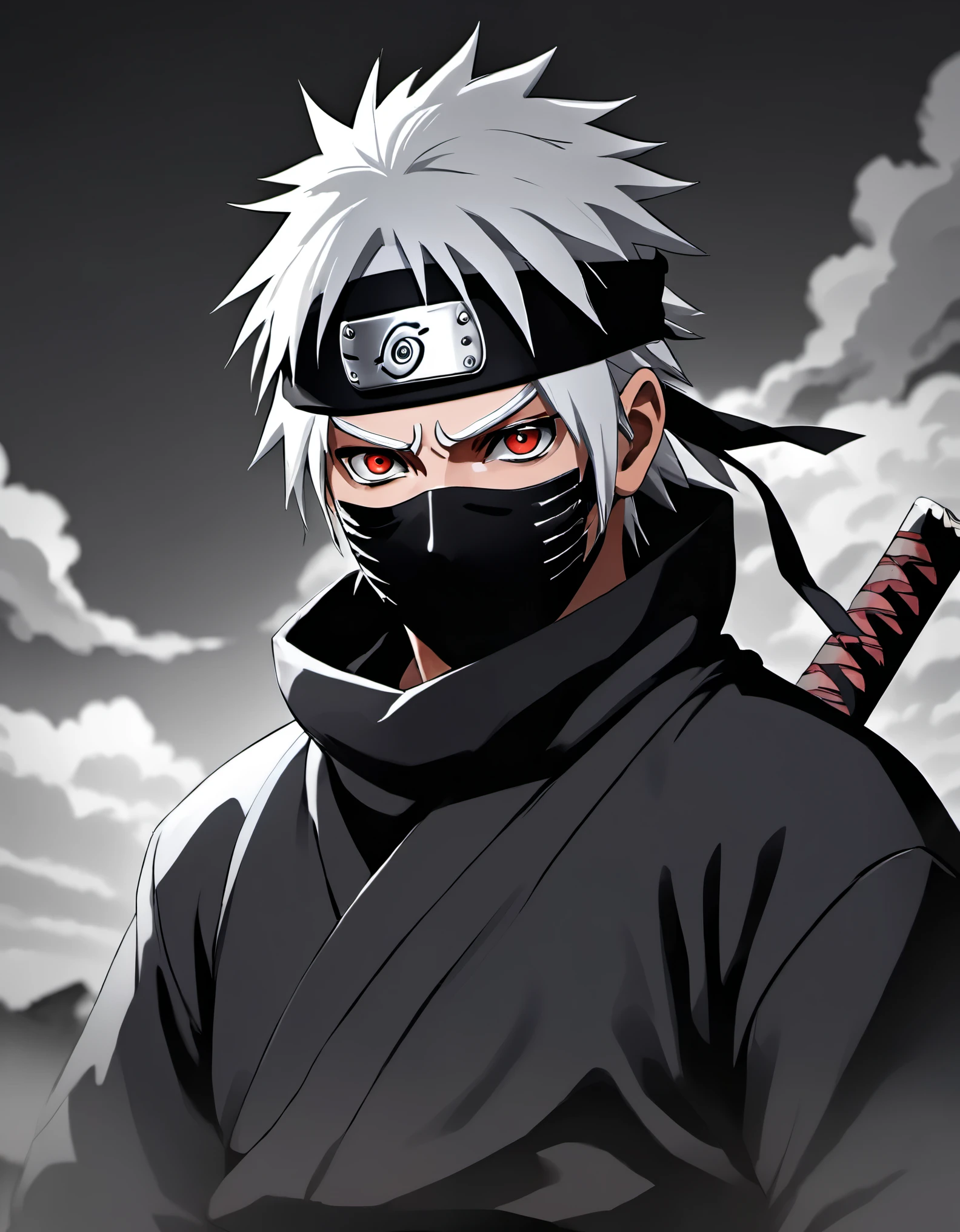 Sharingan, Konoha, sensei, silver hair, one eye covered, calm expression, jonin, hidden leaf village, ninja, Copy Ninja, elite, skilled, lightning blade, shadow clone jutsu, protective mask, headband, training, stealth, tactics, strategic, mentor. (best quality,ultra-detailed,realistic), portraits, monochrome, low key lighting, intense atmosphere.