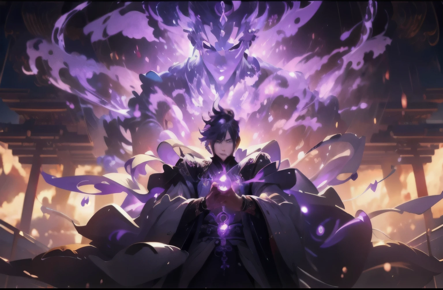 A man in black robe holds a purple ball, keqing from Genshin impact, Genshin impact character, zhongli from Genshin impact, Genshin impact, video game Genshin impact, Genshin, proper style, heise jinyao, Purple flames around the magic arena, author:Yang Jie, Handsome guy in the art of slaying demons