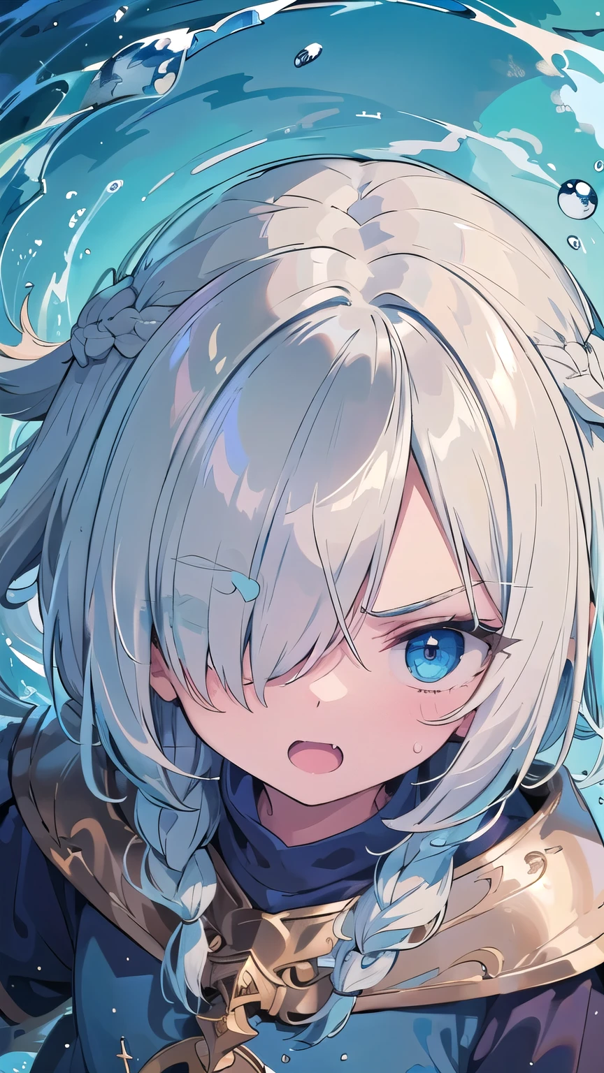 (masterpiece:1.2), (highest quality:1.2), perfect eyes, perfect face, perfect lighting, desert ((((wizard of water)))), nsfw, 1 girl, blonde,　aqua eye, ((((((hair over one eye,)))))), single braid, side braid, spike hair, blunt bangs, bob hair, Ahoge,  cute eyes　looking at the viewer　((From above)), (fang), sweat, open mouth, (((glaring))), smile, dynamic pose, 