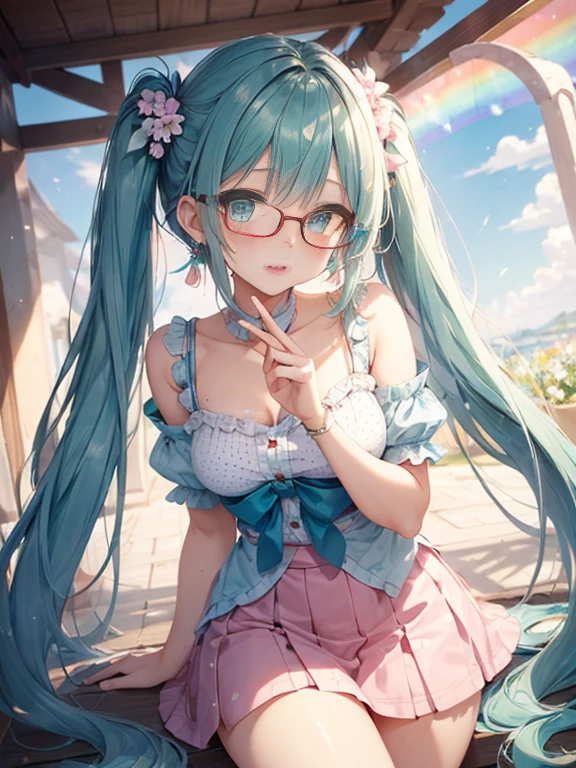 Take a photo from the front、The arrival of spring、big 、 (alone:1.5,)Super detailed,bright colors, very beautiful detailed anime face and eyes, look straight, ;d, shiny_skin,girl, (((rainbow colored hair, colorful hair, Half blue、半分はpinkの髪: 1.2))) 、forehead is exposed.、green eyes、、shiny hair, delicate beautiful face, blush、(turquoise eyes), White skin, Valletta, mature earrings,、blue flower field、（tight、blue blouse）、（pink、polka dot skirt）、long twin tails、rimless glasses、