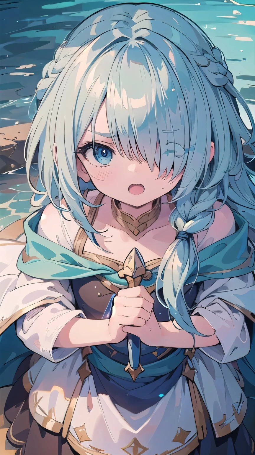 (masterpiece:1.2), (highest quality:1.2), perfect eyes, perfect face, perfect lighting, desert ((((wizard of water)))), nsfw, 1 girl, blonde, aqua eye, ((((((hair over one eye,)))))), single braid, side braid, spike hair, blunt bangs, bob hair, Ahoge, cute eyes looking at the viewer ((From above)), (fang), sweat, open mouth, (((glaring))), smile, dynamic pose,