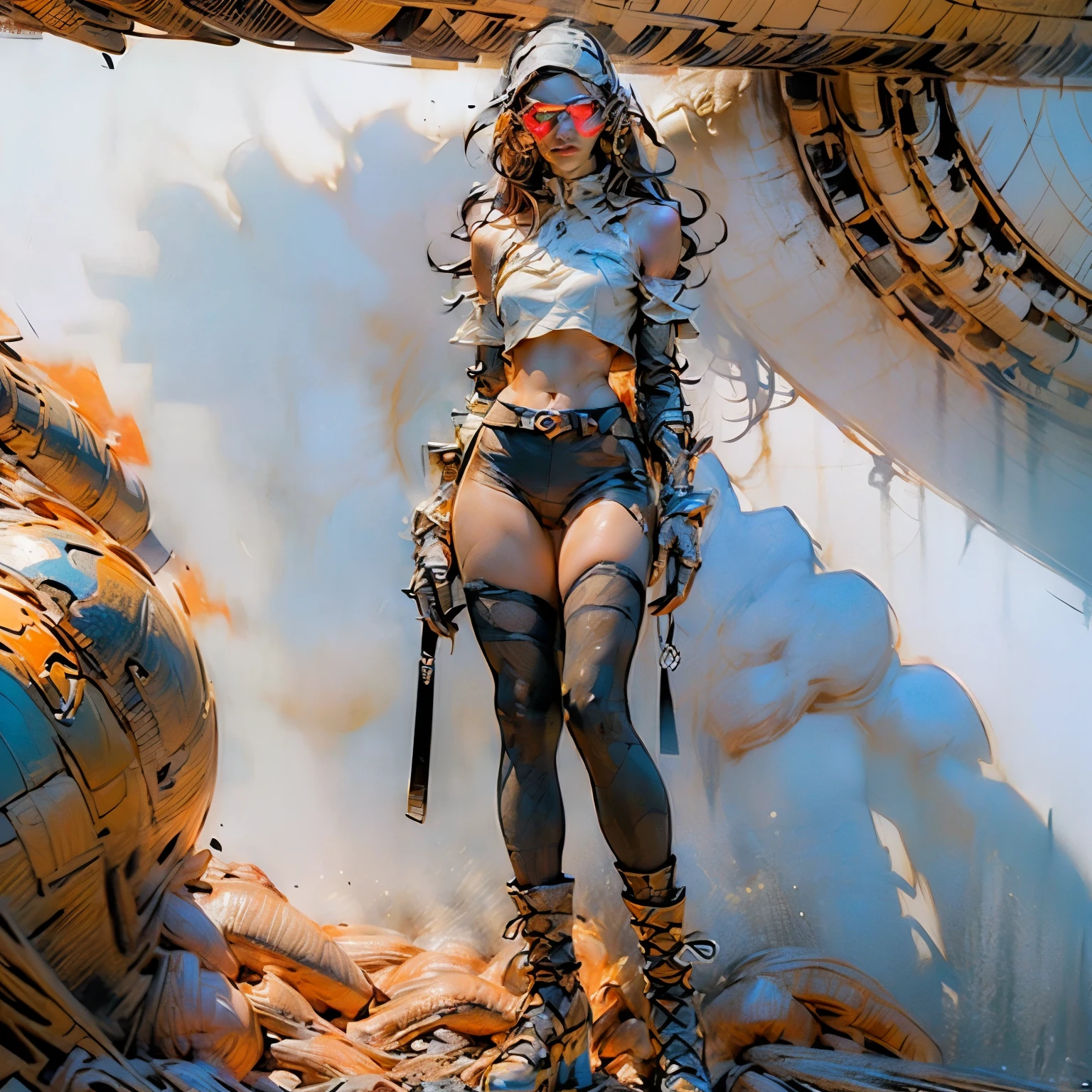 ((Create Odin girl 16+), (facing the viewer, standing close-up, full height), (smoke, fire, shooting), (thin graceful body, facing the viewer, firing from a powerful modern weapon at alien monsters ), (dynamic pose), (heavy, huge weapon - a machine gun, held with two hands), (stands with legs wide apart), (sexy, ), (tender scarlet lips), (straight, long black hair), (small thong , short T-shirt, bare shoulders), (narrow hips, beautiful breasts))_((Artistic Stylization), (3D animation, fantastic comic book film), (clear line, clear outline, high-quality linear drawing, shading))_(( Simple color palettes), (color fill, color richness, saturation, harmony, balance), (background - dark, cold tones, gloomy spaceship environment), (science fiction - horror, - cyberpunk, deep space, spaceship))_( (Sexy, erotic), (powerful - a huge machine gun in his hands), (hands in elbow pads, palms dressed in tactical gloves), (bare thighs, thongs, bare belly-navel, minimal clothing), (legs in combat knee pads, stockings, leggings up to hips - sexy), (massive leather military lace-up boots), (space design, dramatic scene, combat situation))_((Background, fantastic ship lock, (films; Lucas Arts, R.Sh. Giger "Alien", Giger's monsters, space monsters), (stunning scene of shooting in a spaceship - "Alien" monsters), (bright hot light from the barrel of a machine gun, cold contrasting shadows))_ ((Cinematic masterpiece, highest quality), (horizontal clear frame), (contrasting shadows, clear, bright flash light), (warm range of colors, hot light, contrasting light with cold shadows))_((Cinematic animation,), (soft clear shapes, wide strokes, attention to detail), (16K | Ultra HD | Full HD)).