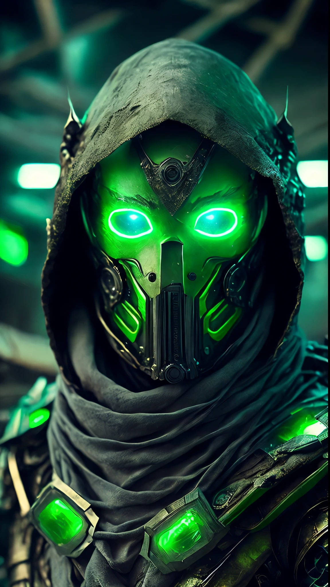 breathtaking cinematic science fiction photo of a portrait of a non human masked Grim wrapped in green chrome metal skin, body full glowing metrics inside, glowing multicoloured eyes, multifaceted eyes, metallic arms, inside a destroyed building, extremely menacing creature, highly detailed, award-winning