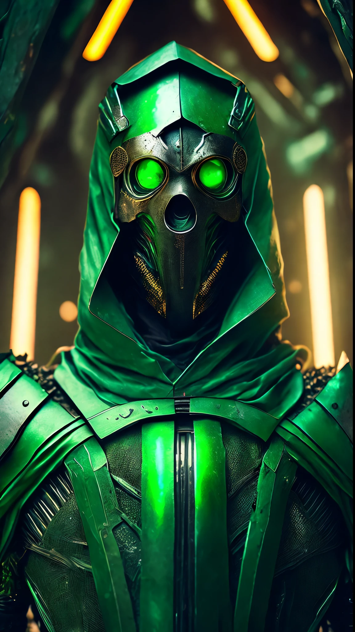 breathtaking cinematic science fiction photo of a portrait of a non human masked Grim wrapped in green chrome metal skin, body full glowing metrics inside, glowing multicoloured eyes, multifaceted eyes, metallic arms, inside a destroyed building, extremely menacing creature, highly detailed, award-winning