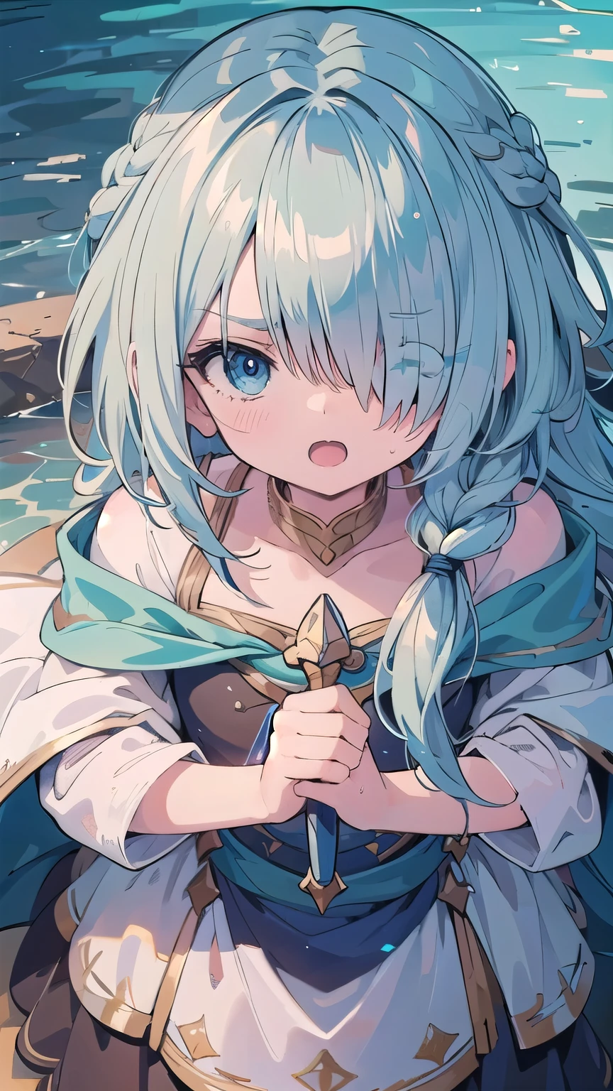 (masterpiece:1.2), (highest quality:1.2), perfect eyes, perfect face, perfect lighting, desert ((((wizard of water)))), nsfw, 1 girl, blonde,　aqua eye, ((((((hair over one eye,)))))), single braid, side braid, spike hair, blunt bangs, bob hair, Ahoge,  cute eyes　looking at the viewer　((From above)), (fang), sweat, open mouth, (((glaring))), smile, dynamic pose, 