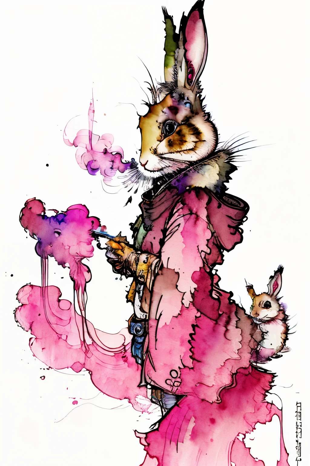 smoking rabbit, watercolor painting, abstract, detailed, masterpiece, highest quality, art station