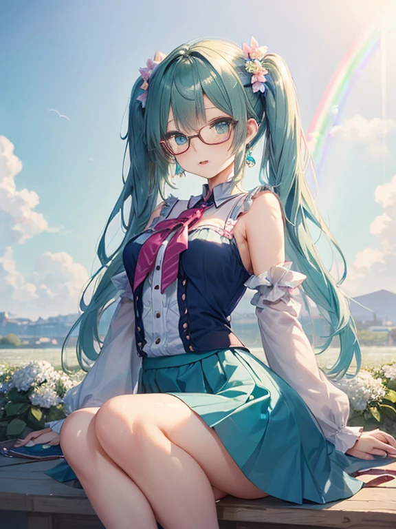 Take a photo from the front、The arrival of spring、big butt、 (alone:1.5,)Super detailed,bright colors, very beautiful detailed anime face and eyes, look straight, ;d, shiny_skin,girl, (((rainbow colored hair, colorful hair, Half blue、半分はpinkの髪: 1.2))) 、forehead is exposed.、green eyes、、shiny hair, delicate beautiful face, blush、(turquoise eyes), White skin, Valletta, mature earrings,、blue flower field、(tight、blue blouse)、(pink、polka dot skirt)、long twin tails、rimless glasses、