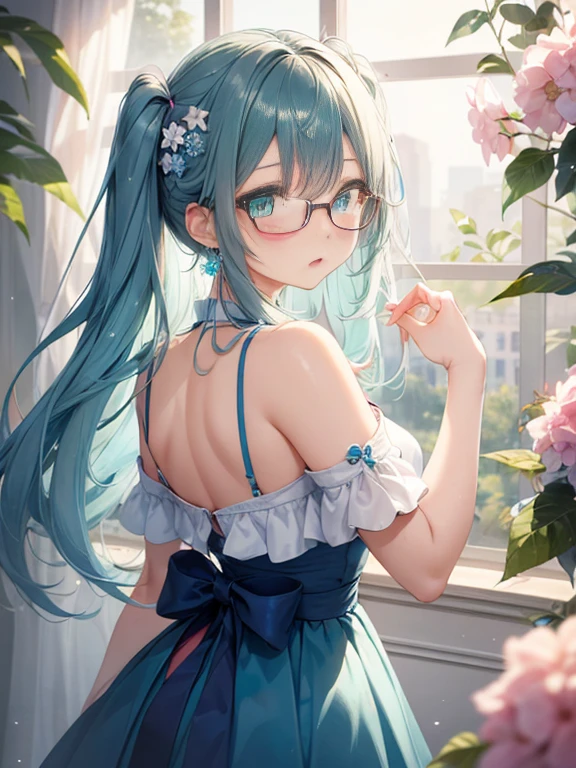 Take a photo from the front、The arrival of spring、big 、 (alone:1.5,)Super detailed,bright colors, very beautiful detailed anime face and eyes, look straight, ;d, shiny_skin,girl, (((rainbow colored hair, colorful hair, Half blue、半分はpinkの髪: 1.2))) 、forehead is exposed.、green eyes、、shiny hair, delicate beautiful face, blush、(turquoise eyes), White skin, Valletta, mature earrings,、blue flower field、（tight、blue blouse）、（pink、polka dot skirt）、long twin tails、rimless glasses、