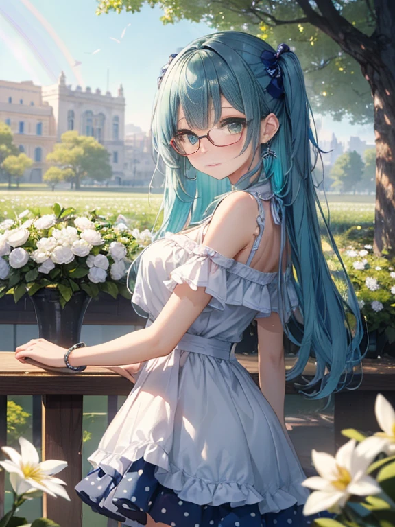 Take a photo from the front、The arrival of spring、big butt、 (alone:1.5,)Super detailed,bright colors, very beautiful detailed anime face and eyes, look straight, ;d, shiny_skin,girl, (((rainbow colored hair, colorful hair, Half blue、半分はpinkの髪: 1.2))) 、forehead is exposed.、green eyes、、shiny hair, delicate beautiful face, blush、(turquoise eyes), White skin, Valletta, mature earrings,、blue flower field、(tight、blue blouse)、(pink、polka dot skirt)、long twin tails、rimless glasses、