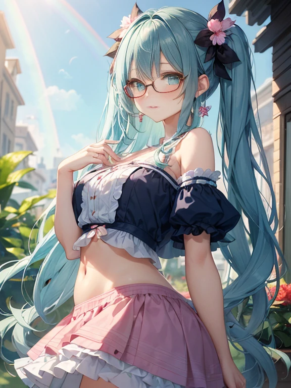Glasses、小さなgirl、The arrival of spring、big butt、 (alone:1.5,)Super detailed,bright colors, very beautiful detailed anime face and eyes, look straight, ;d, shiny_skin,girl, (Green Long Hair,Inner color is red 、forehead is exposed.、shiny hair, delicate beautiful face, blush、(turquoise eyes), White skin, Valletta, earrings,、blue flower field、(((Floral、summer clothes、purple mini skirt)))、twin tails、smile、happy face、face dyed red