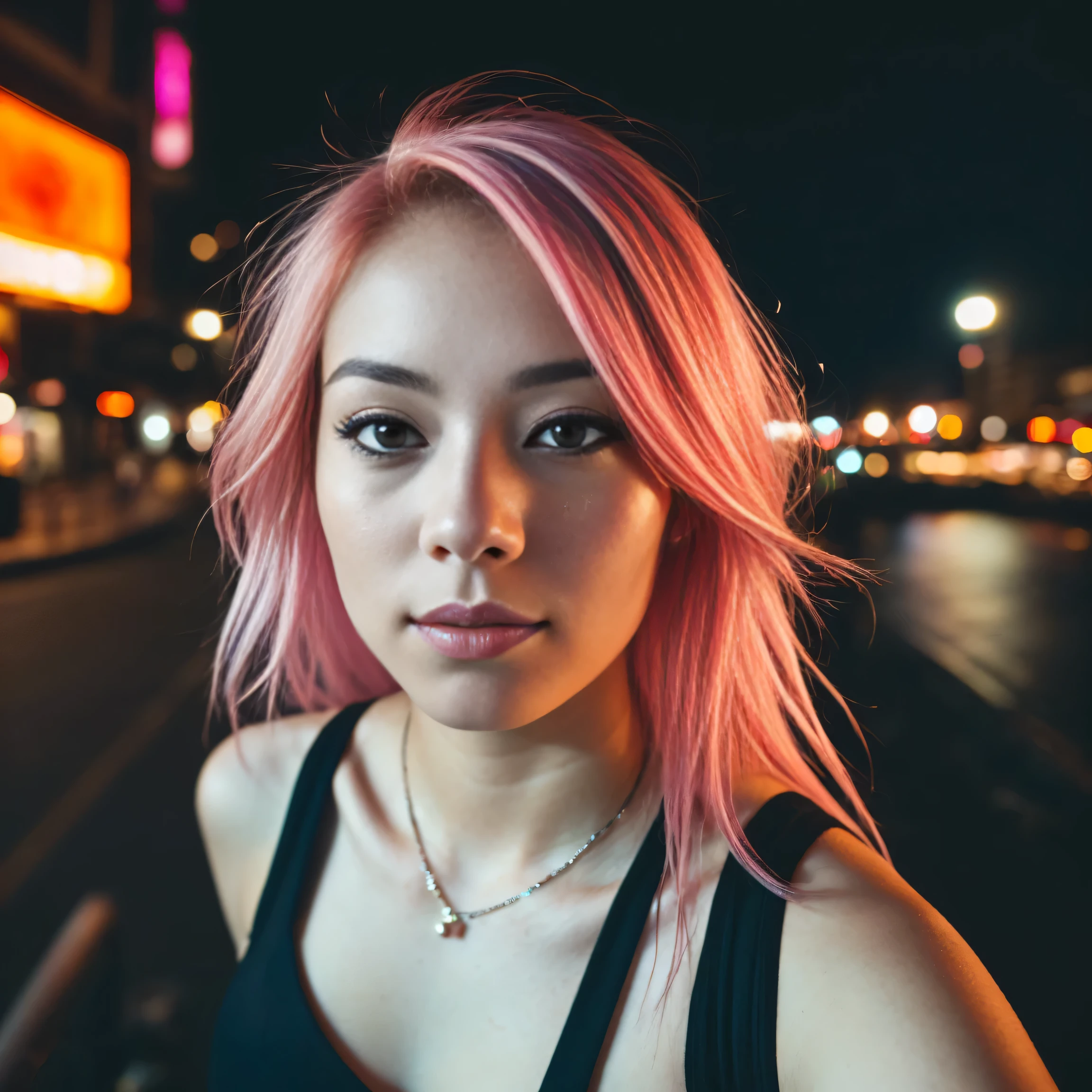 arafed woman with pink hair sitting on the beach, with pink hair, photo of a beautiful woman, long flowing pink hair, pink golden hour, beautiful young asian woman, wild ginger hair, pink wispy hair, light pink hair, a young asian woman, an asian woman, infp young woman, (taking selfies, overhead view: 1.4), (straight half of the torso: 1.4), Portrait photo of a 24-year-old french girl in RAW UHD format (Black-eyed woman) Walk down the dark alley, night city, Details (textures! , Hair! , glistering, Color!! , imperfections: 1.1), highly detailed glossy eyes (looking at the camera), DSLR Lighting, SLR camera, Ultra-Quality, sharpness, Depth of field, Film grain (Downtown), Fujifilm XT3, Crystal clear, Frame Center, beatiful face, sharp-focus, street lamp, neon lighting, bokeh (dimly lit), night time, (night sky), detailed skin pores, oilly skin, suntan, Complex eye details, looking past camera, sad, small breasts