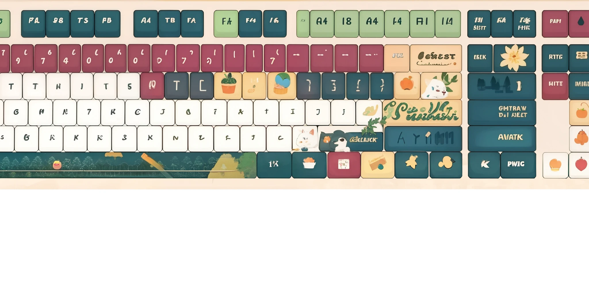 (masterpiece, best quality:1.2), Keycap design, 104 keys, keyboard, graphic design, masterpiece, best quality, best resolution, HD details