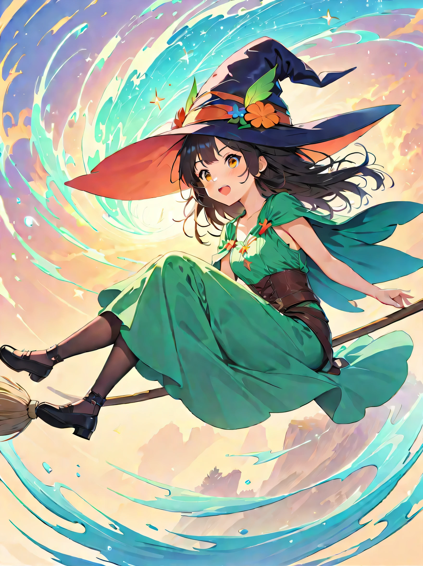 (masterpiece, highest quality:1.2),1 girl,perfect face,cute, ((((flying witch))),((Ride a broom)),broom flight,Straddling the broom,anatomically correct,masterpiece,highest quality,最高masterpiece,8K,,Wind,fantasy,,wonderful,, Mysterious, Charm, Whimsical, playful, adventurous, free, wonder, imagine, decide, skill, speed, movement, energy, realism, naturalistic, figurative, represent, beauty, fantasy culture, myth, fairy tale, folklore, Legend, witch, wizard, Magical creatures, fantasy worlds, composition, scale, Zenikichi, midway point, background, perspective, light, color, texture, become familiar with, beauty, wonder.