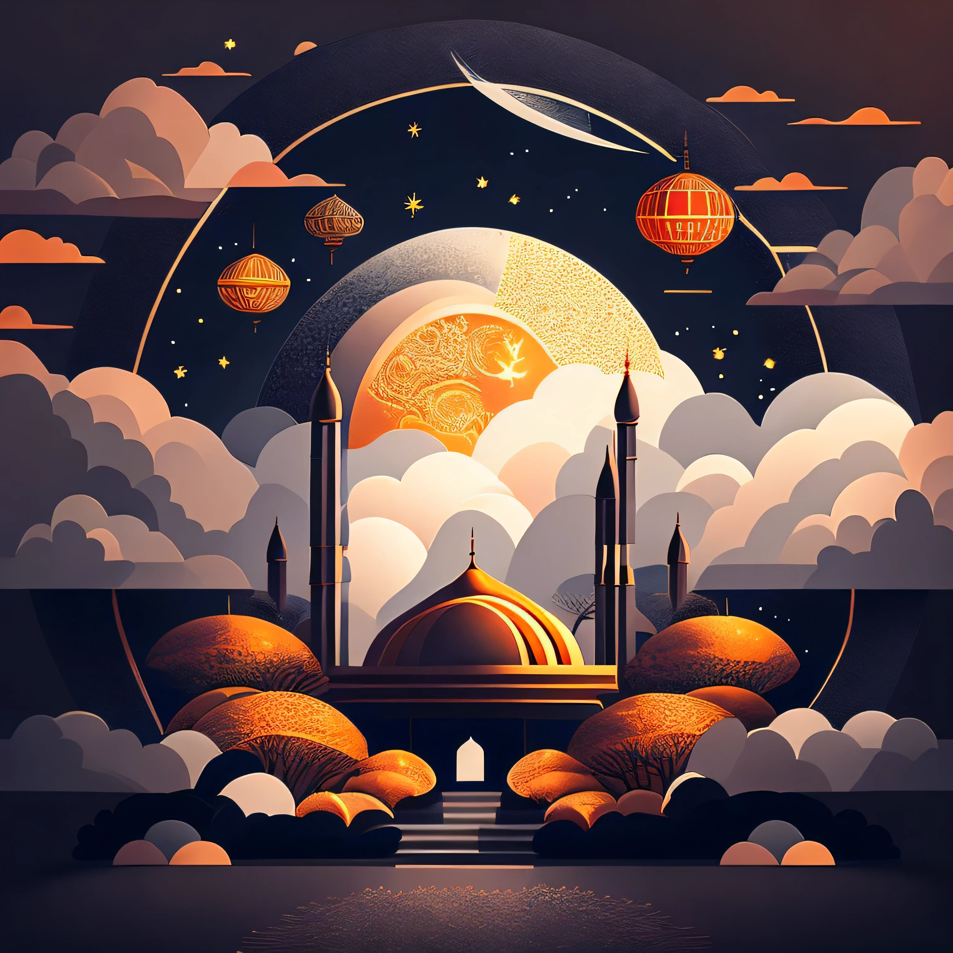 Art commercial illustration，modern mosque, islamic decoration around mosque, Mid-Autumn Festival themed poster。The background  a scene of the moon, The center area of the picture  centered and typeset, Clouds and details decoration，Poster design，vectorial art，Best quality，8K, black tone