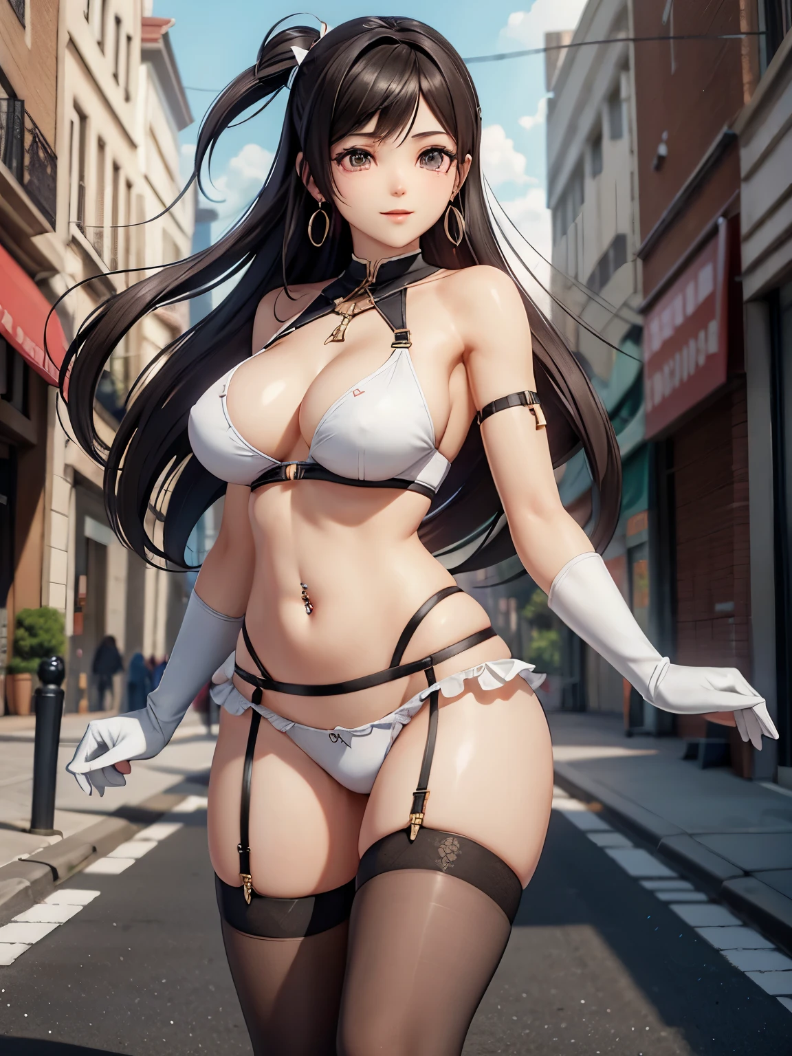 kokoro (doa) ,dead or alive ,3d (artwork) ,blender ,highres ,1girls ,areolae ,breasts ,dark brown hair ,dark hair ,day ,earrings ,female ,female focus ,female only ,french nails ,garter belt ,gray eyes ,large breasts ,long hair ,looking at viewer ,navel piercing ,piercing ,purse ,smile ,thighhighs ,thighs ,white panties ,white underwear