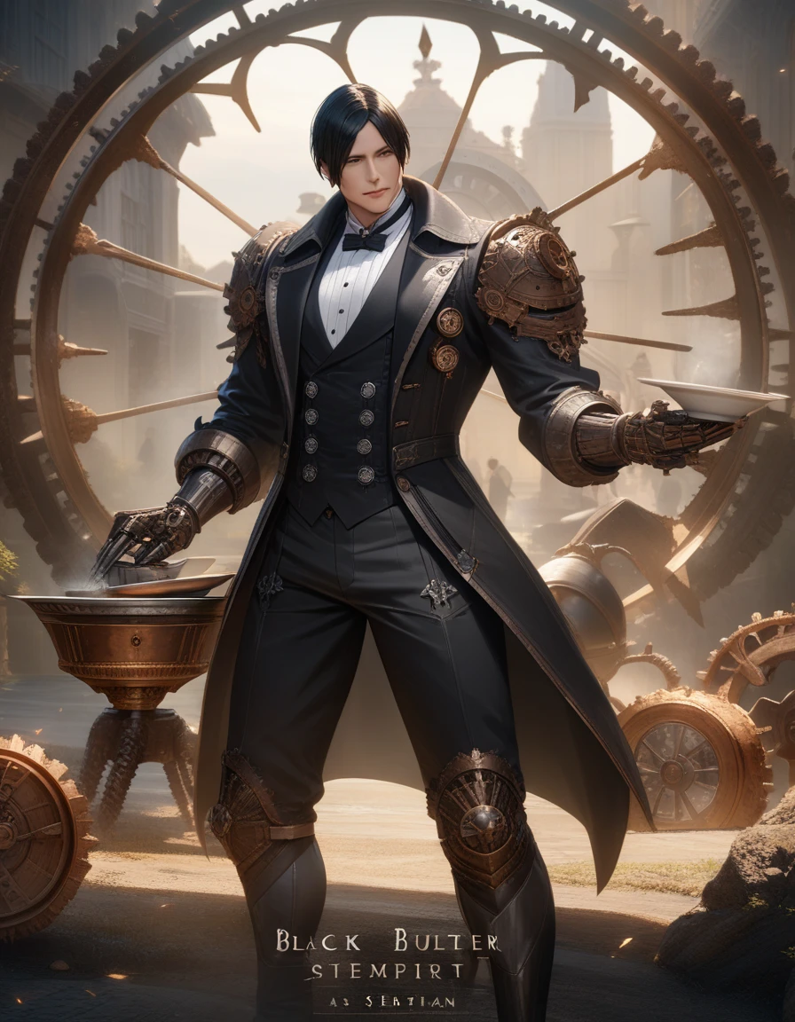 1boy, Sebastian, Black Butler, as a handsome steampunk robot serving tea, masterpiece, best quality, very aesthetic, absurdres, intricate mechanics and elegant gears, photo-realistic. detailed matte painting, deep color, fantastical, intricate detail, splash screen, complementary colors, fantasy concept art, 8k resolution trending on Artstation Unreal Engine 5
