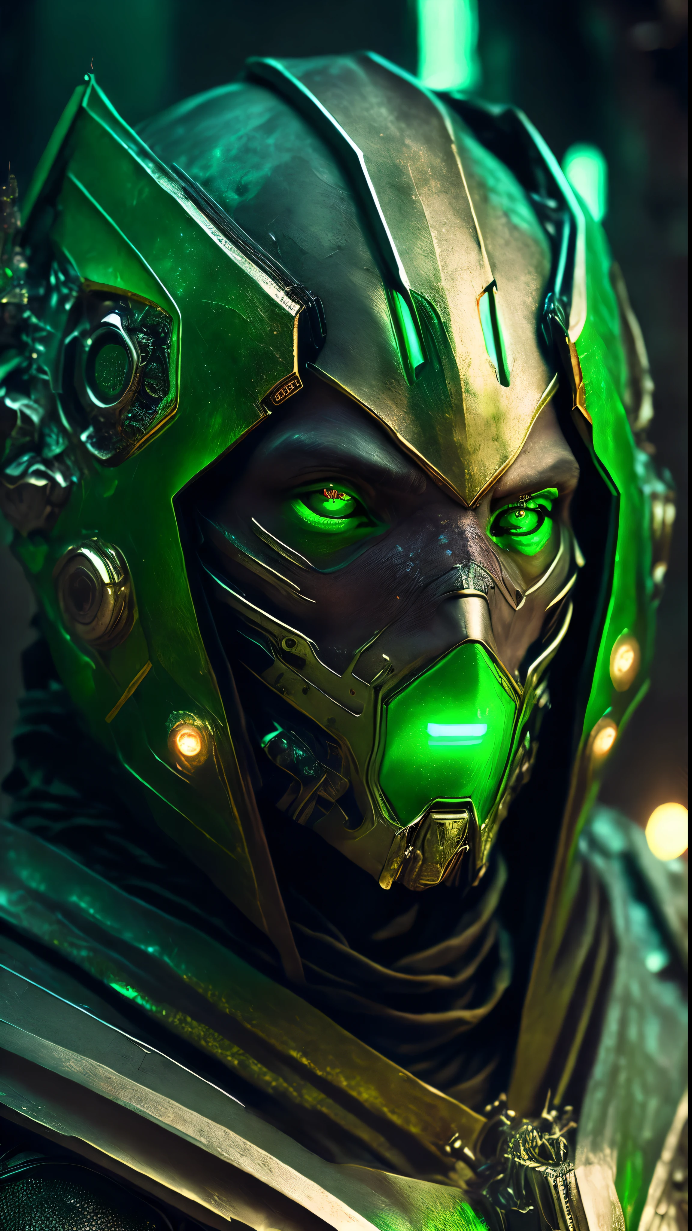 breathtaking cinematic science fiction photo of a portrait of a non human masked Grim wrapped in green chrome metal skin, body full glowing metrics inside, glowing multicoloured eyes, multifaceted eyes, metallic arms, inside a destroyed building, extremely menacing creature, highly detailed, award-winning