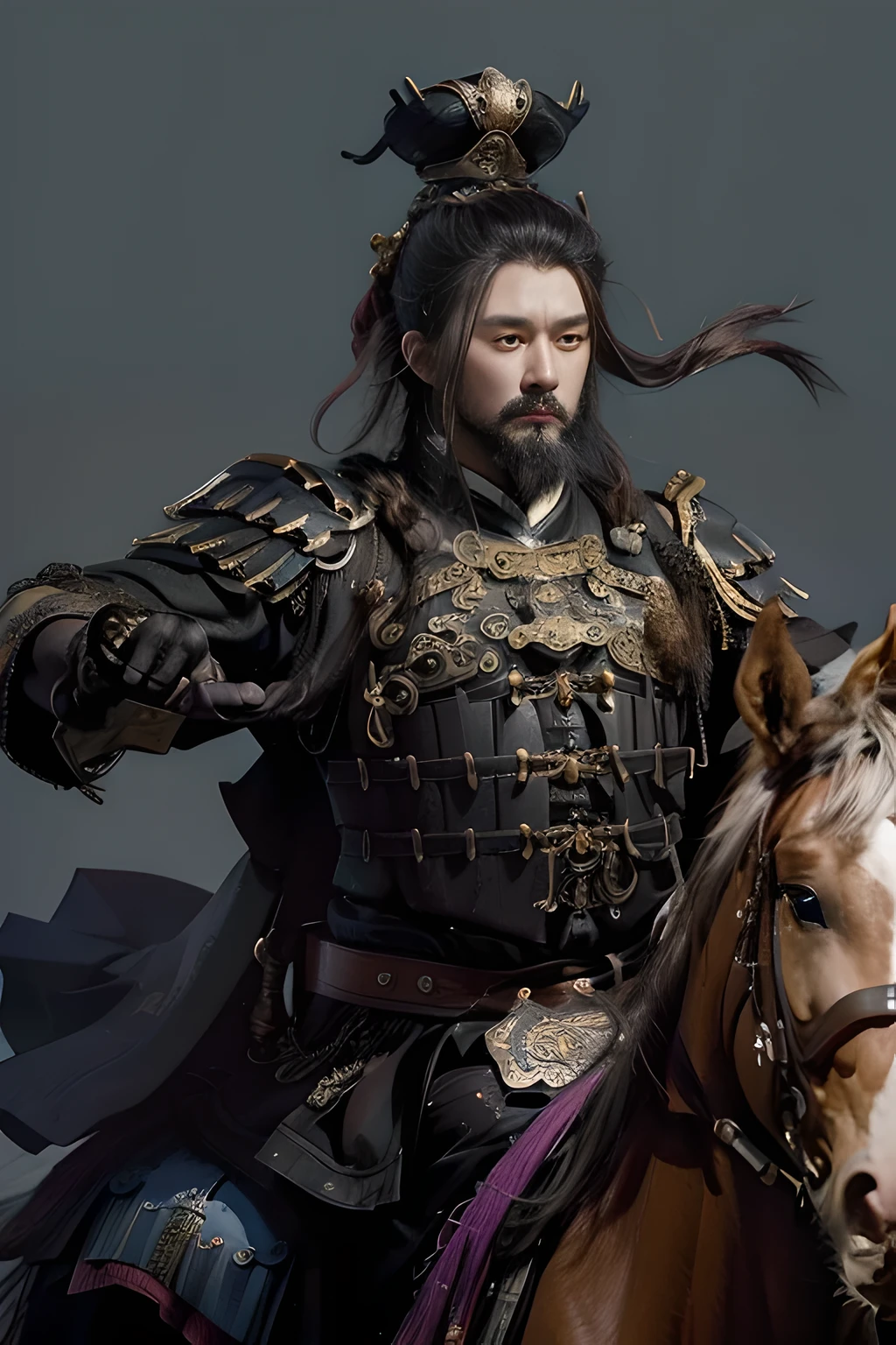 There is a man riding a horse,wearing a helmet, Inspired by Hu Zaobin, inspired by Wu Daozi, Guan yu, Inspired by Zhang Sengyao, Inspired by Cao Zhibai, bian lian, Inspired by Li Kan, inspired by Wu Zuoren, Inspired by Wu Bin, Inspired by Huang Shen, Inspired by Zhang Wo