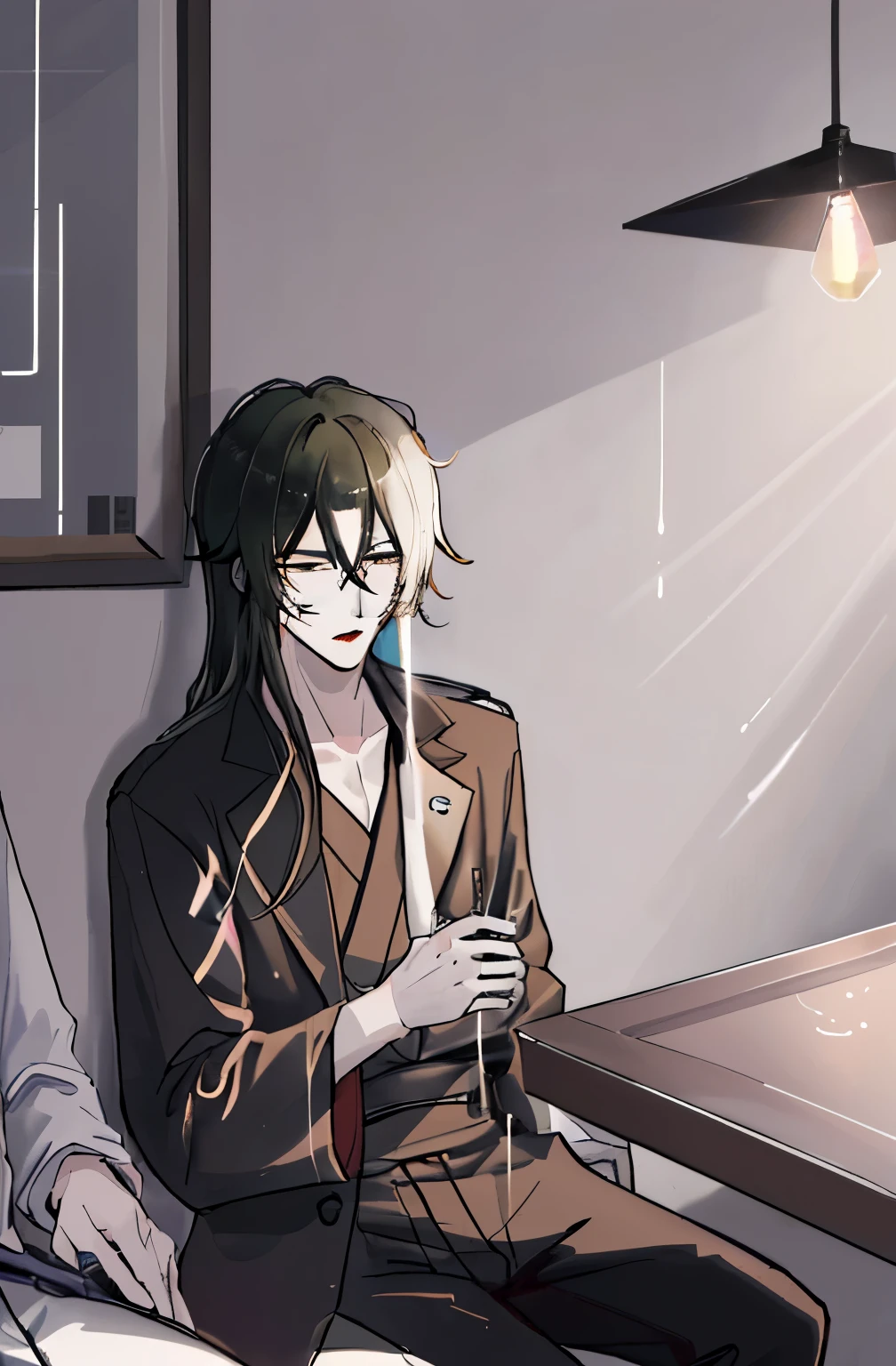 Imagine a 2D Japanese boy-love yaoi cartoon. Two young men sit in a dark room. One person smoked a cigarette, his eyes were cold, the other was held captive. Expressing fear, the lights are dim, the shadows are smoldering, filled with a feeling of heat. Advice.:
Pay attention to the details of clothes decorations Create an atmosphere that is attractive and engaging.