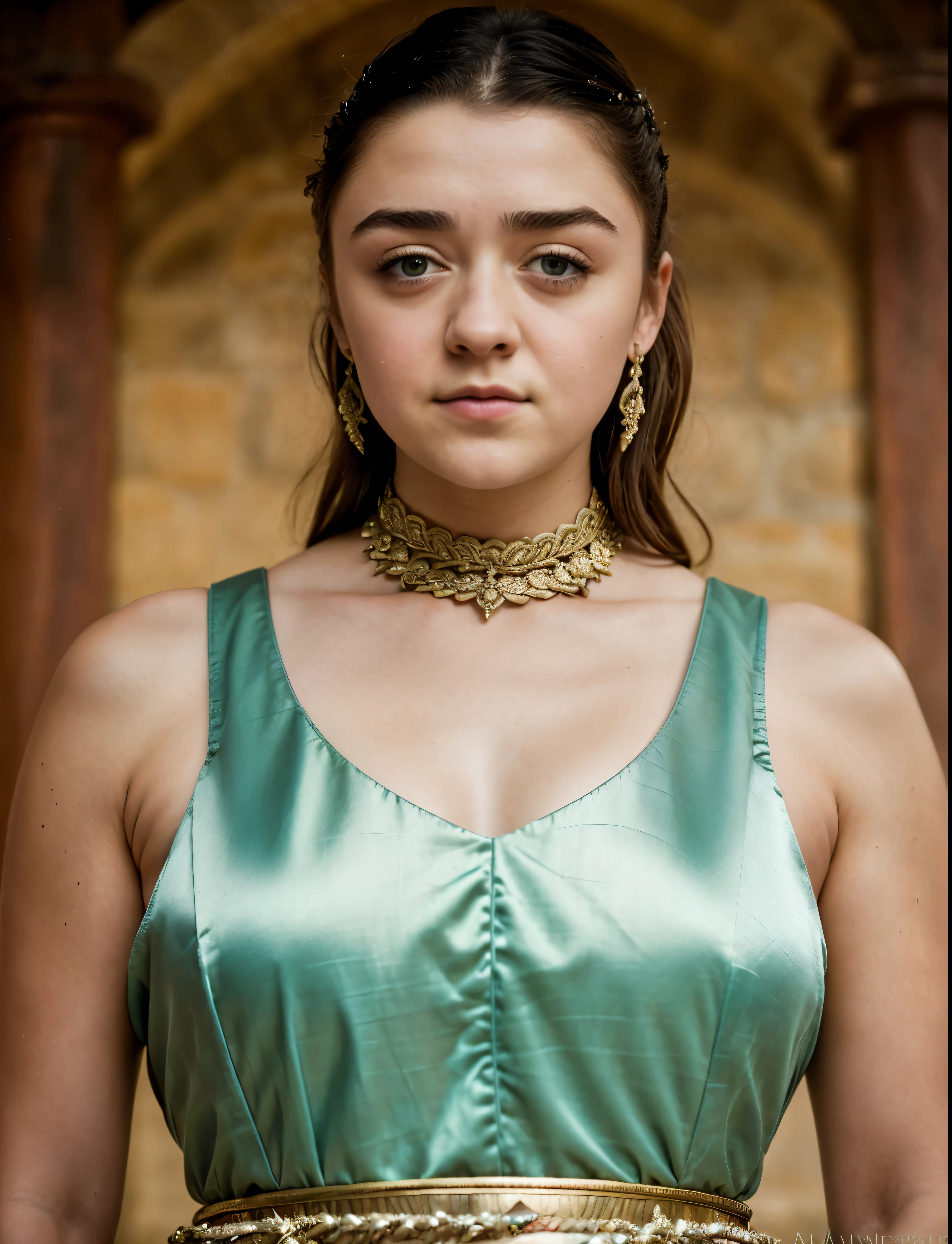 Foto RAW, RAW photograph of Maisie Williams, Arya Stark, Extremely gorgeous lady, Arya Stark PLAYED BY MAISIE WILLIAMS, Queen Arya Stark, she  a mature woman now, milf, sexy mediaeval battle dress, gladiator woman, body, 40 years old Woman, body revealing costumes, perky breast, skin pores, big natural breast, erotic costumes, lusty physique, seductive figure can capture every people's attention, Game of thrones costumes, revealing captivating figure, Mediaeval costumes, revealing clothes, A tomboy, she would rather fence than dance, warrior queen , game of thrones screen caps, Game of Thrones Series, (pele altamente detalhada: 1.2), 8k UHD, DSLR, soft-lighting, alta qualidade, grain of film, Fujifilm XT3, flawless picture, highly detailed, detailed Beauty, intricate, 32k, sharp picture,