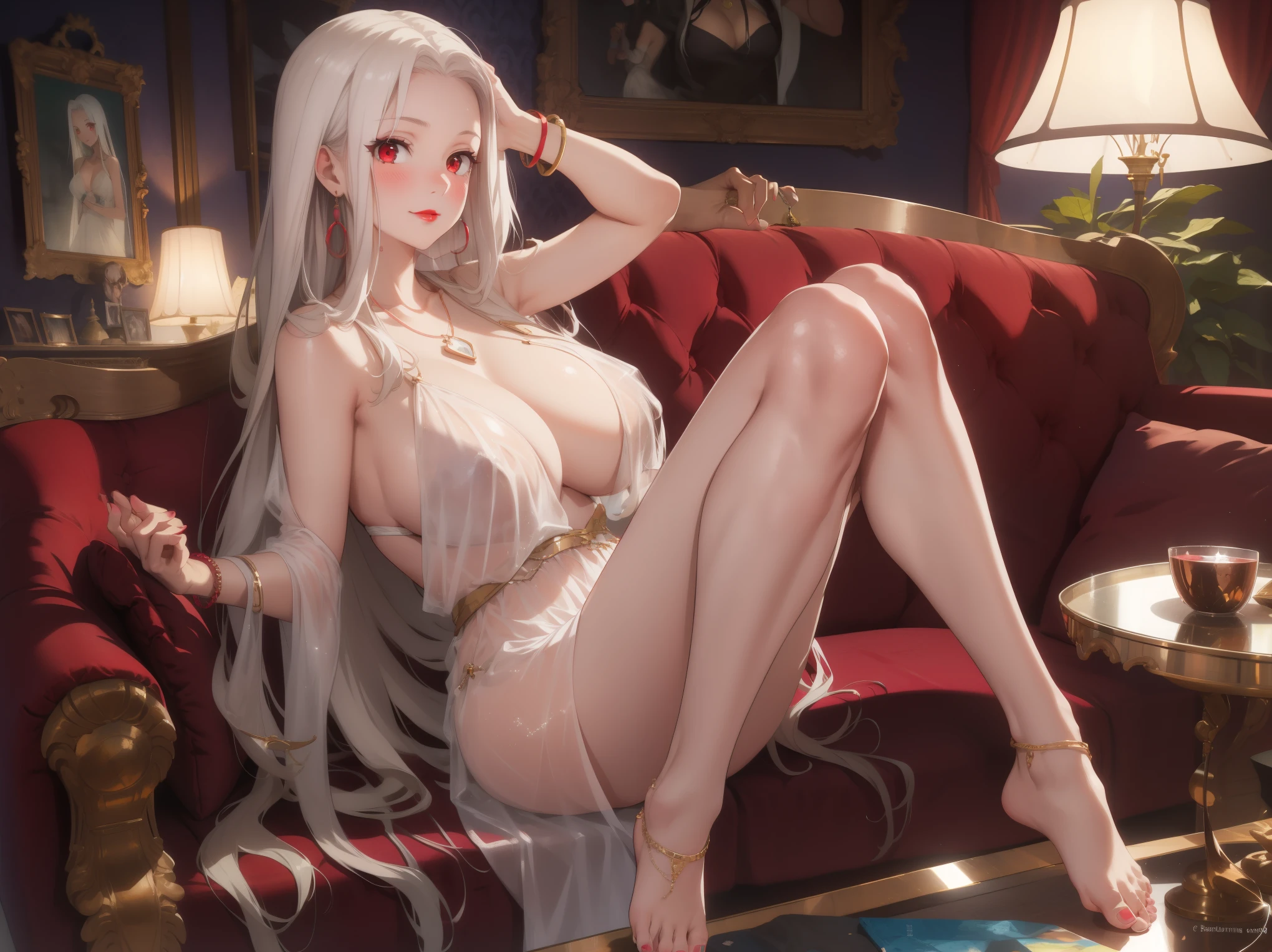 1girl,Irisviel von Einzbern,seductive smile, solo, long hair, looking at viewer, blush, bangs, (gigantic_breasts),(hanging breasts), (red eyes), dress, cleavage, bare shoulders, jewelry, sitting,hand up, holding champagne glasses,pouring_onto_self, very long hair, closed mouth, collarbone, white hair, thighs, earrings, sleeveless, indoors, necklace, white dress, bracelet,bare foot,toes,red lips, parted bangs, sleeveless dress,see-through, couch, bangle, lamp, picture frame, painting \(object\)