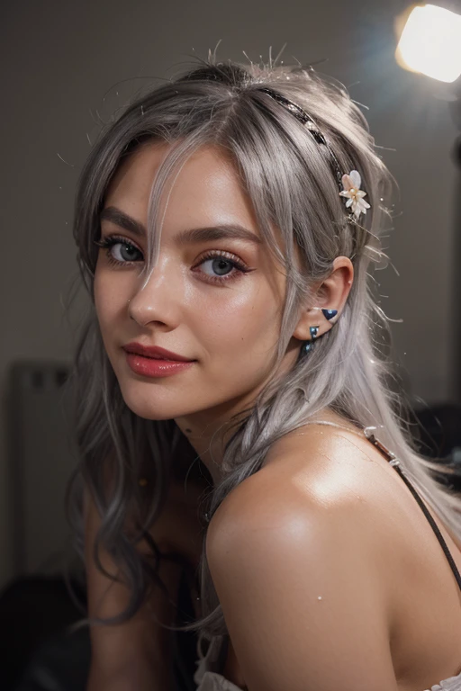 silver hair, messy hair, hair over shoulder, hair flower, behind-the-head headphones, sparkling eyes, wide eyes, makeup, smile, shy, red lips,  invitation, cinematic lighting, from side, lens flare, 35mm, Sony FE GM, masterpiece, ccurate, anatomically correct, super detail, high details, best quality, highres