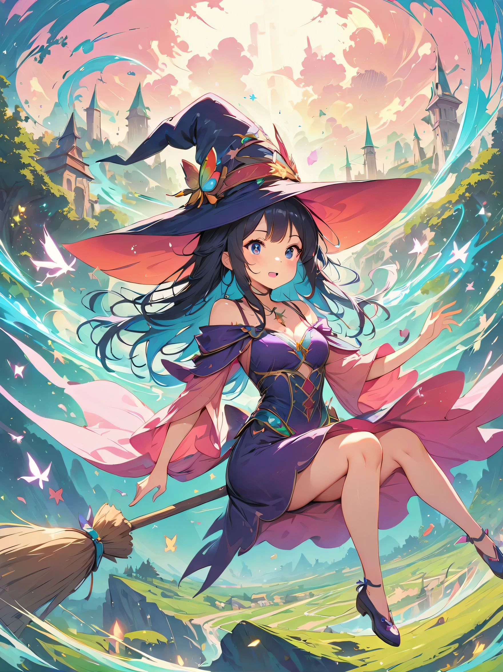 (masterpiece, highest quality:1.2),1 girl,perfect face,cute, ((((flying witch))),((Ride a broom)),broom flight,Straddling the broom,anatomically correct,masterpiece,highest quality,最高masterpiece,8K,,Wind,fantasy,,wonderful,, Mysterious, Charm, Whimsical, playful, adventurous, free, wonder, imagine, decide, skill, speed, movement, energy, realism, naturalistic, figurative, represent, beauty, fantasy culture, myth, fairy tale, folklore, Legend, witch, wizard, Magical creatures, fantasy worlds, composition, scale, Zenikichi, midway point, background, perspective, light, color, texture, become familiar with, beauty, wonder.