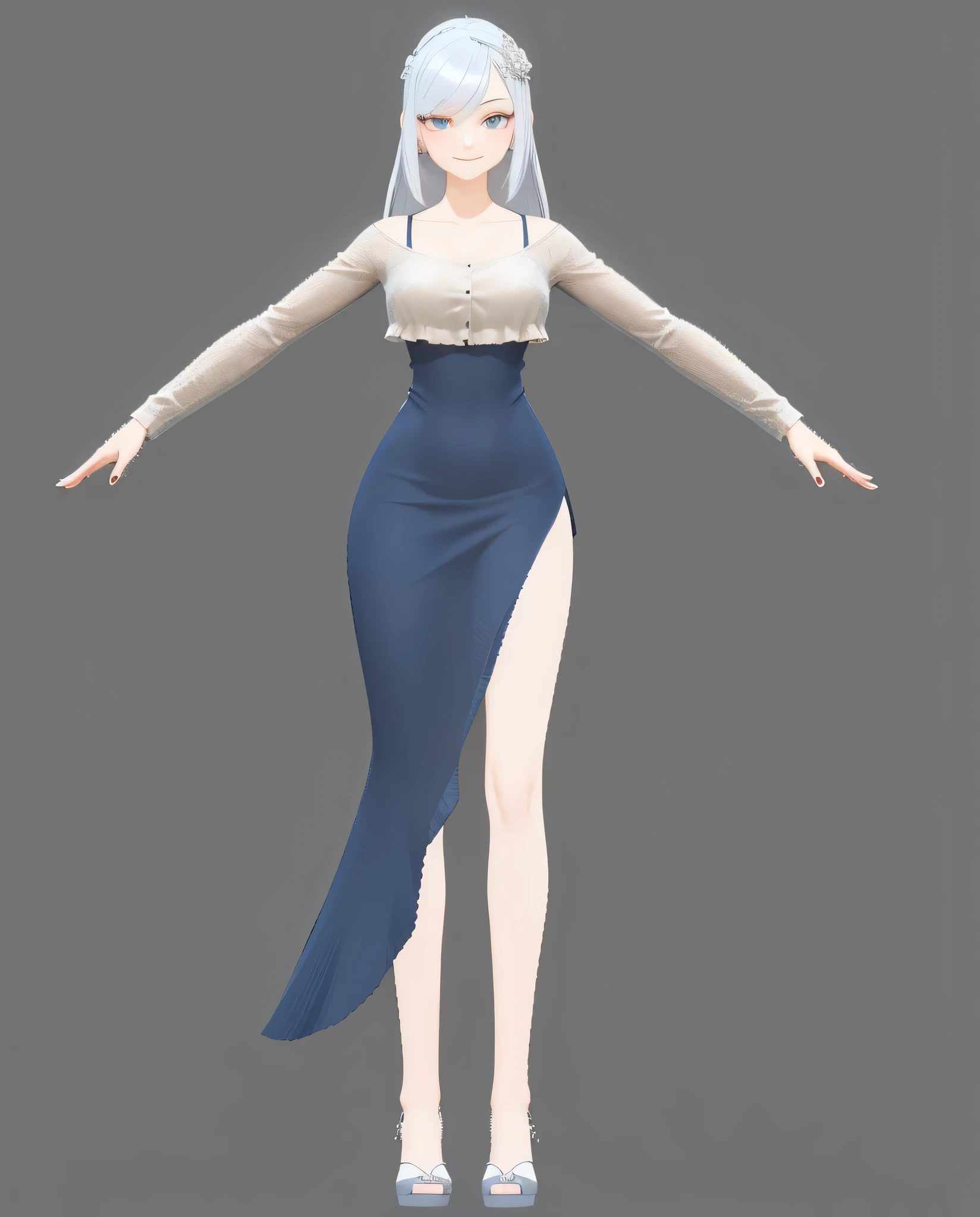 a close up of a person in a dress with a long skirt, anime vtuber full body model, standing elegant pose, cloth sim, full body female, single character full body, neutral pose, female full body, fully body pose, full body single character, elegant smiling pose, full body!, modeled in poser, anime styled 3d, full body detailed