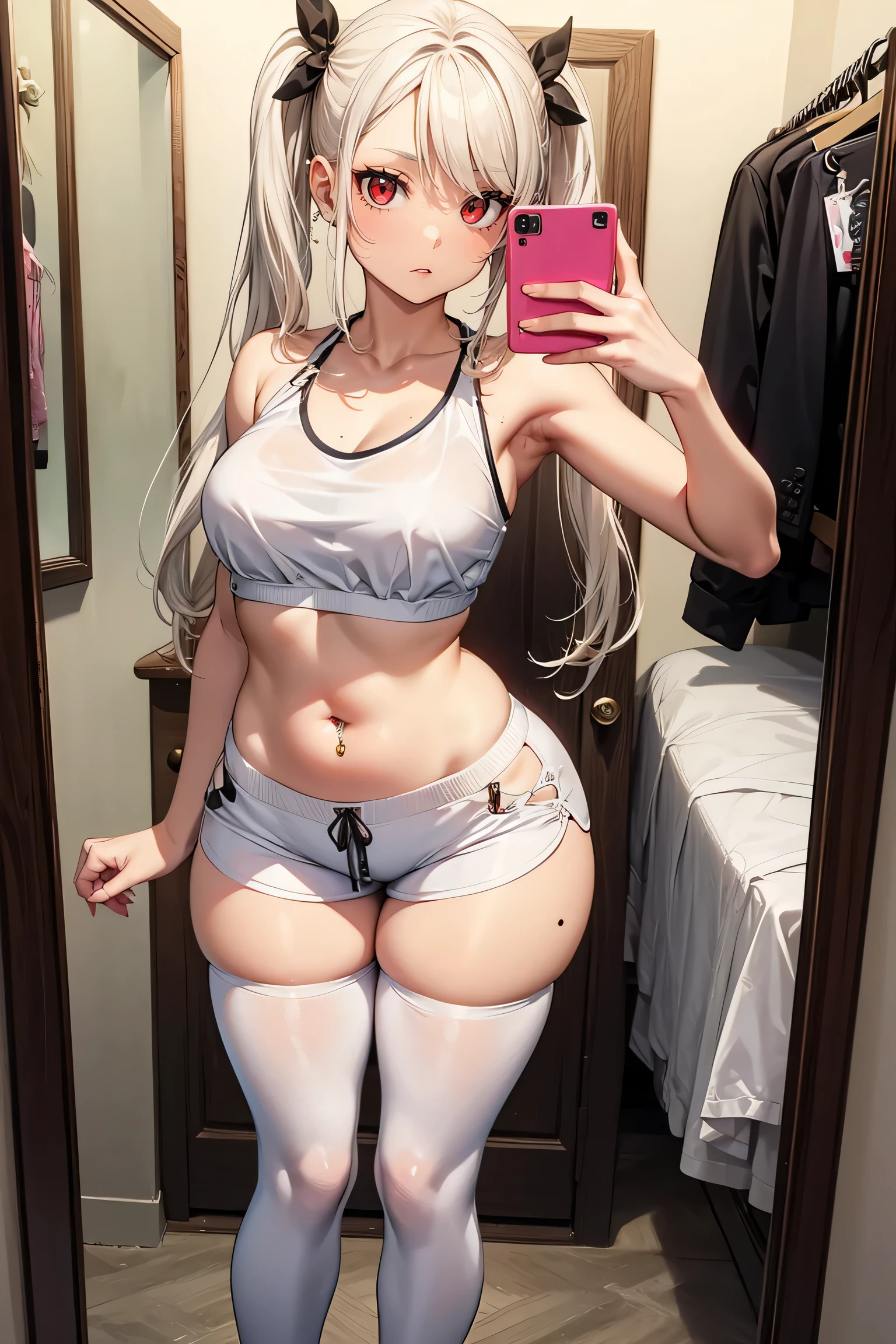 (1girl), red eyes, , mole onder eye,white hair, pigtails, long hair,, x ornament, big lips, pretty lips, ((gyaru)), gyaru hairstyle, there is a woman in a white shorts taking a selfie, smooth white tight clothes suit, posing in a bedroom, good hips and long legs, photo of slim girl, pretty face with arms and legs, full length and white stockings, 2 4 yeare model, sporty, photo of slim girl model,shopping mall,mirror selfie,belly button piercing,l,midriff,black crop top