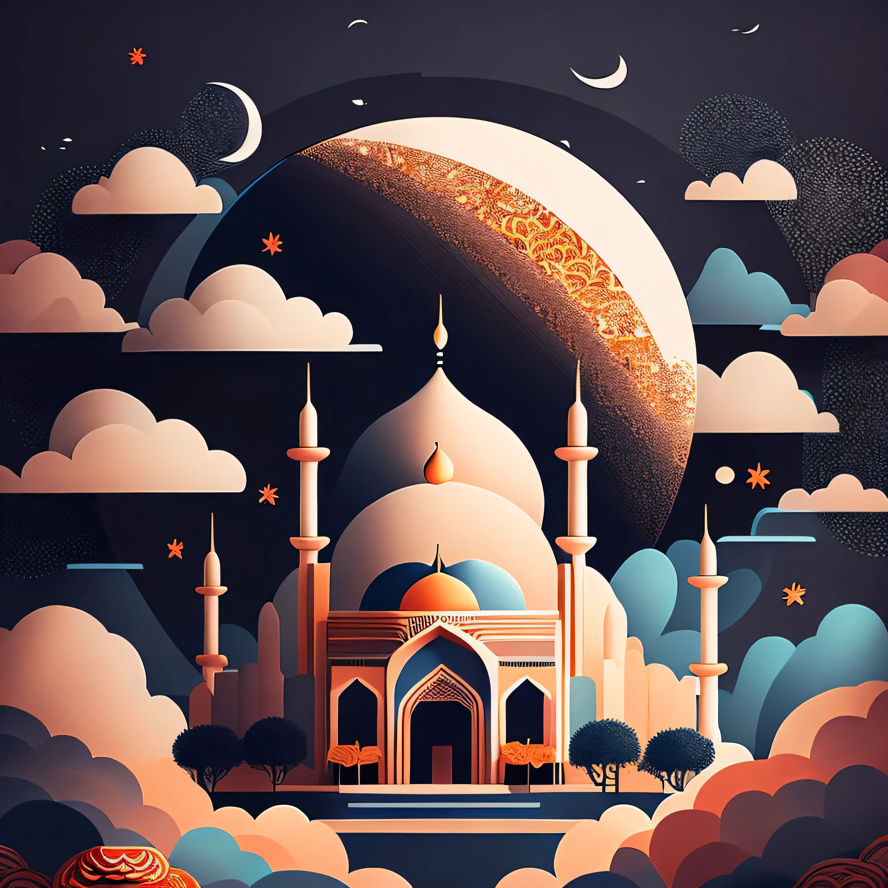 Art commercial illustration，modern mosque, islamic decoration around mosque, Mid-Autumn Festival themed poster。The background  a scene of the moon, The center area of the picture  centered and typeset, Clouds and details decoration，Poster design，vectorial art，Best quality，8K, black tone, wall poster