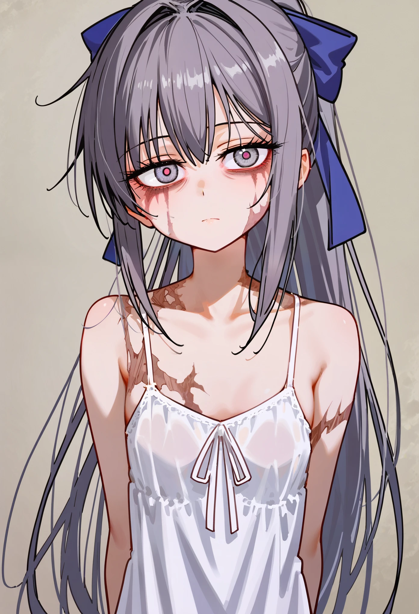 (masterpiece, best quality, absurdres), source_anime, (score_9, score_8_up, score_7_up, score_6_up, score_5_up, score_4_up), 1girl, solo, small breasts, dark gray hair, long hair, ponytail, blue hair ribbon, dark gray eyes, scars, burn scars, neutral, innexpressive, bags under eyes, head tilt, brown sundress, standing, arms behind back, upper body, gray background, simple background, soft