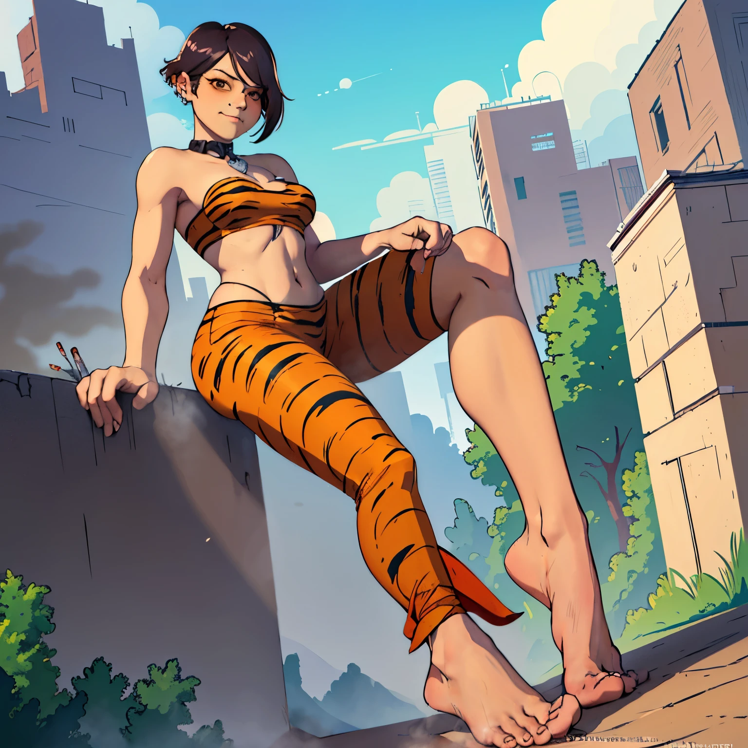 [Master Tigress], [Kung Fu Panda], [By Pixelsketcher], ((masterpiece)), ((HD)), ((high res)), ((solo portrait)), ((full body)), ((front view)), ((feet visible)), ((furry)), ((beautiful render art)), ((soft shading)), {tigress; (slim figure), (cute eyes), (detailed red iris), (curvy hips), (huge bloated belly)(big stomach),(giantess), (detailed muscles), (beautiful legs), (beautiful feet), (frown), (sexy expression)}, {(wrapped in bandages), (vore)(hands on stomach)(goddess)(bandage bandeau), (cleavage), (navel), (red kung fu pants)}, {(standing), (gluttonous smile), (looking at viewer)}, [Background; (mountains), (waterfall)(looking from bellow)(low angle), (steam), (fog), (blue sky), (sun rays), (ambient lighting)]