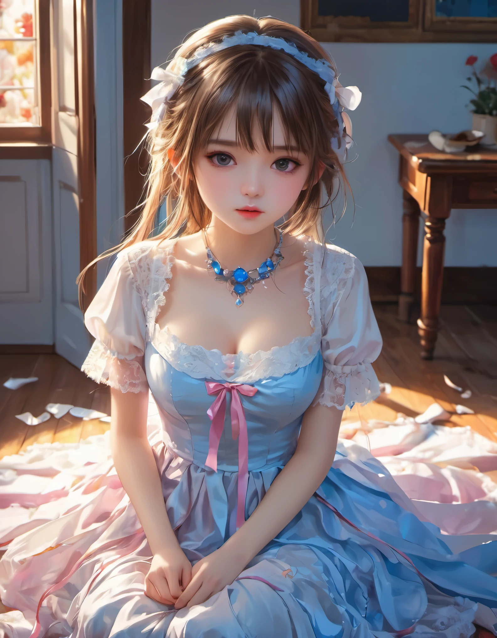 (masterpiece), (best quality), illustration, ultra detailed, hdr, Depth of field, (colorful), ****,girl, solo, dress, sitting, open mouth, white, blood, looking at viewer, collarbone, lace trim, long hair, bangs, hair between eyes, blue eyes, crying, tears, ribbon, small breasts, crying with eyes open, see-through, teeth, short sleeves, crack, light particles, broken glass, upper teeth only, indoors, sunlight, blush, thighs, face