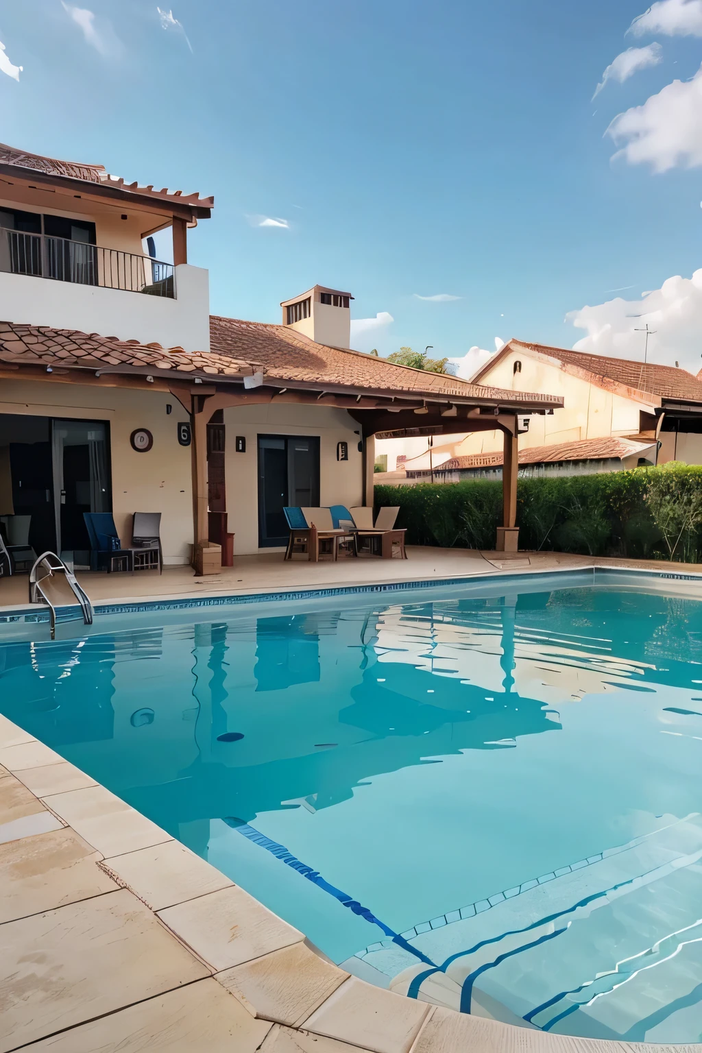 super realistic photo of a building swimming pool, com o clima um pouco nublado