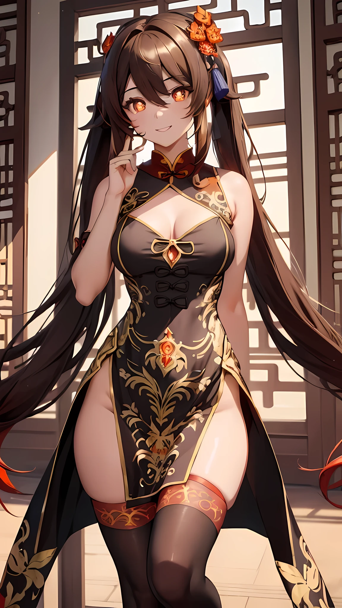 (masterpiece), best quality, expressive eyes, perfect face,HuTaoV4,(((1girl))),(hair flower),brown hair,long hair, twintails,cleavage,(large breasts),(thigh gap:1.5),((red and brown ornate chinese dress:1.4)),(black stockings),(bare shoulders),detached sleeves,chinese street,(sunset:1.1),(clear sky:1.1),pantyhose,warm sunlight,soft shadows,cleavage,looking at viewer,smiles, eyeshadows, eye liner,glistening eyes, hyper detailed eyes, intricate eyes, beautiful eye, ((glowing orange pupils)),symbol-shaped pupils, flower-shaped pupils、,standing,sexy pose,bewitching pose,(heart hands),full body,smiles