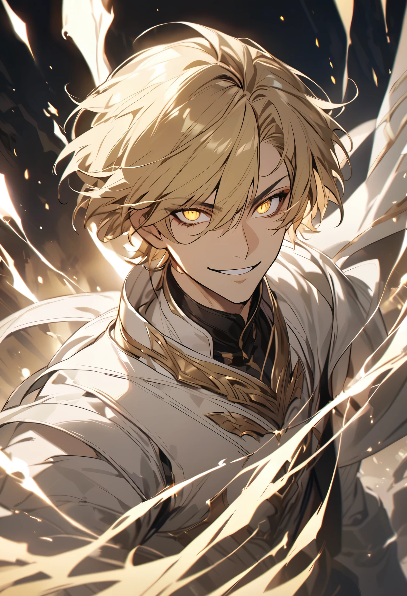 handsome, solo, 1 male, short hair, blonde hair, sharp eyes, gold eyes, white clothes, lighting, fantasy, smile facial