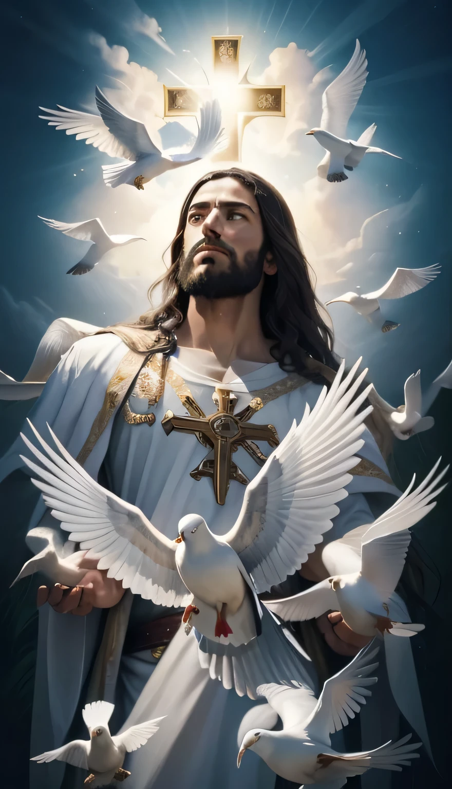 a painting of jesus holding a dove and a cross in the sky, Jesus Cristo, jesus, catholic Arte Sacra, Paradise!!!!!!!!, sagrado imagery, Jesus of Nazareth, Christian art, Deus olhando para mim, very Bela obra-prima, beautiful representation, sagrado spirit, Paradise on earth, Paradisely, beautiful image already created, imagens religiosas, Arte Sacra, sagrado, Bela obra-prima