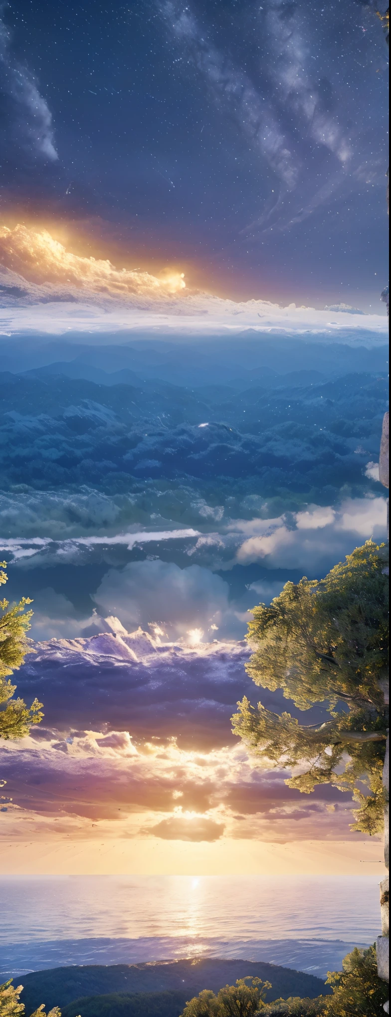 (best quality,4k,8k,highres,masterpiece:1.2),ultra-detailed,realistic:1.37,natural particles,magnificent twilight of the gods,untouched nature,a breathtaking and deep landscape,natural beauty,dreamlike atmosphere,serene tranquility,hint of mystery,vibrant colors,ethereal lighting,sublime scenery,nature's artistry,detailed foliage,dancing sunlight,grandeur of nature's majesty,stunning vista,harmony between earth and sky,subtle shades of purple and gold,warm and tranquil evening,majestic mountains piercing the sky,soft breeze rustles through the trees,faint scent of blossoms in the air,birds gracefully soaring above,gentle ripples on a serene lake,magical ambiance,fading rays of sunlight kissing the horizon,starlit sky starting to emerge,unparalleled tranquility enveloping the scene,awe-inspiring beauty of the natural world,immersed in the wonder of nature's creation.